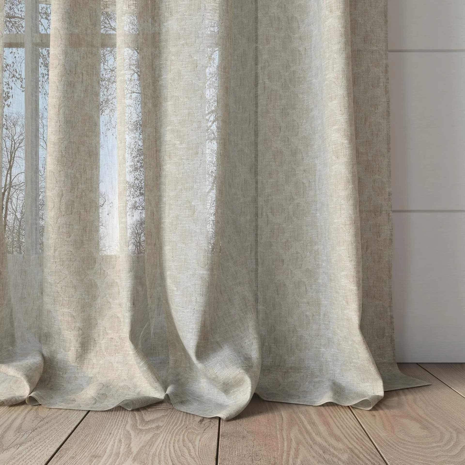 Bottom view of Lilian Raffia, puddled, on curtain rod