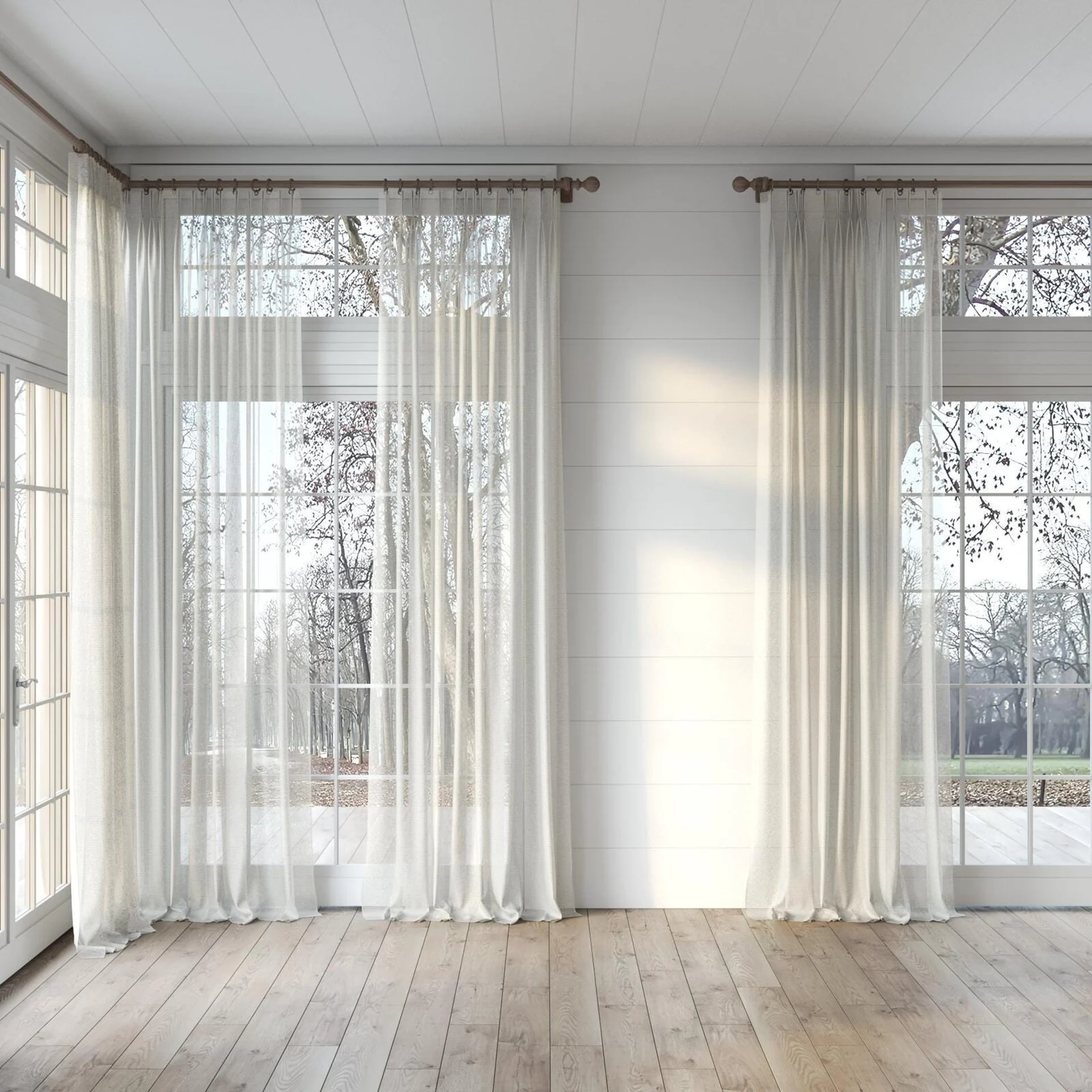Full view of Cosmos Sand, puddled, on curtain rod