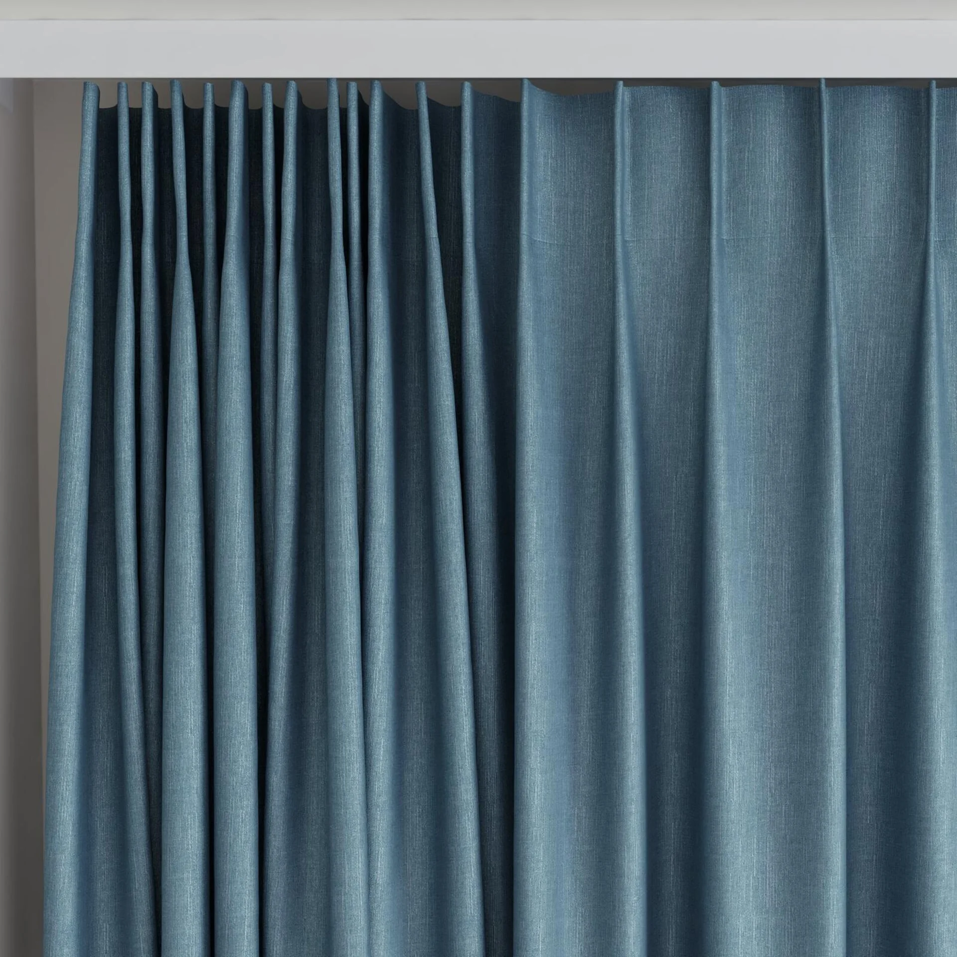 Top view of Bavaria Teal, on curtain rail