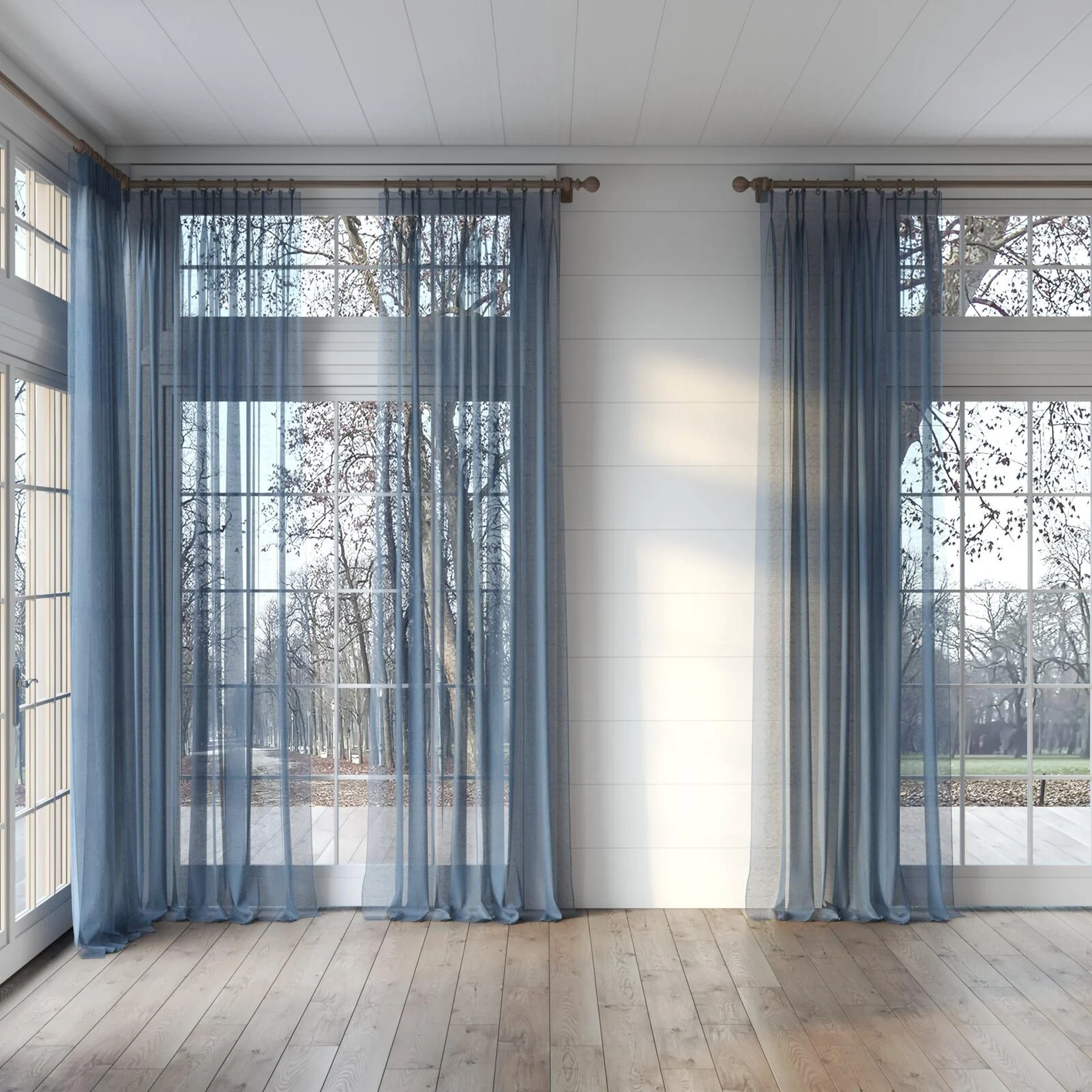 Full view of Graceful Denim, puddled, on curtain rod