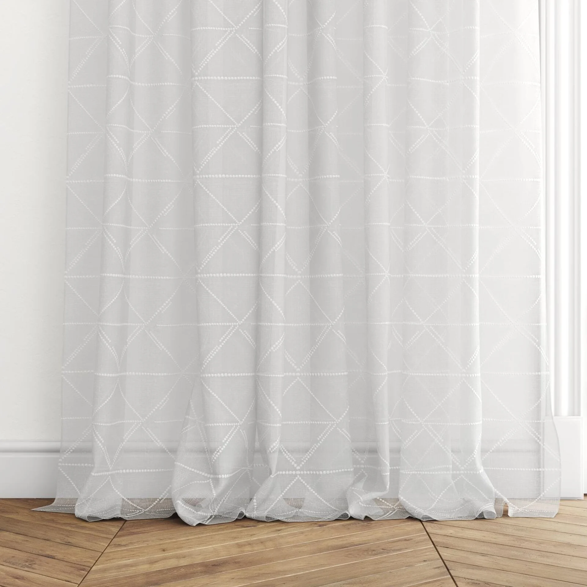 Bottom view of Timeless Blanc, puddled with pinch pleat, on curtain rod