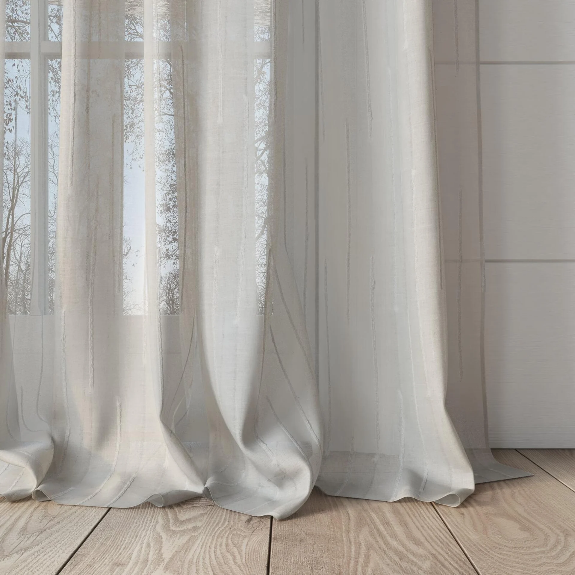 Bottom view of Salento Whitewash, puddled, on curtain rod