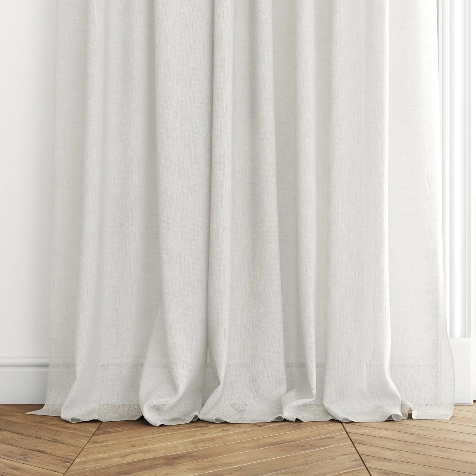 Bottom view of Homespun Oyster, puddled with pinch pleat, on curtain rod
