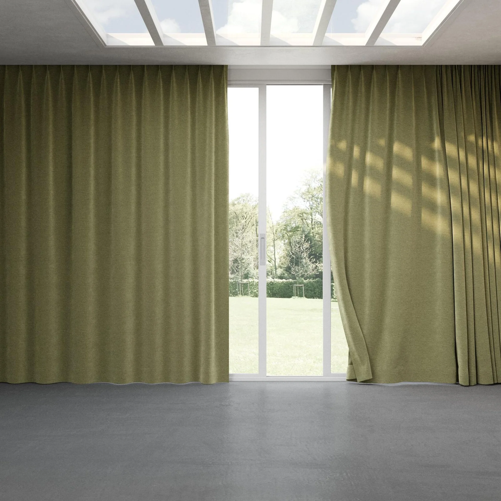 Full view of Geneva Thyme, pinch pleat