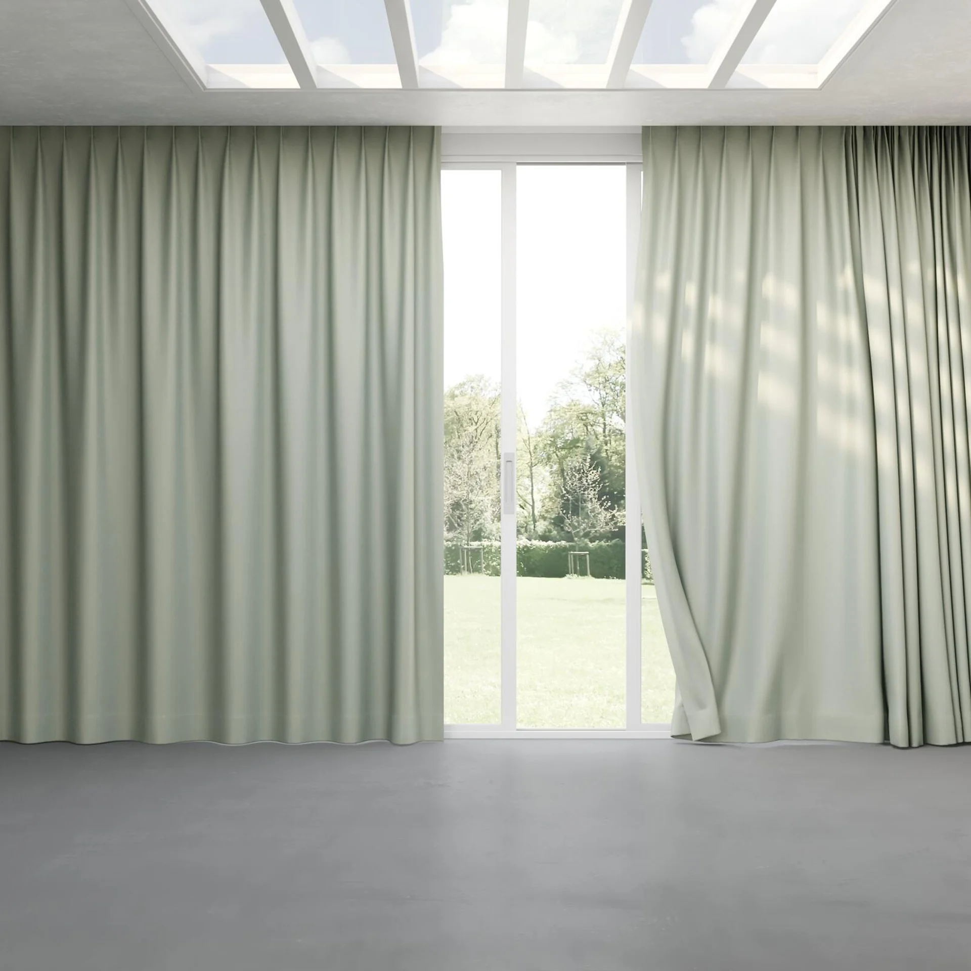 Full view of Trailblazer Duckegg, pinch pleat