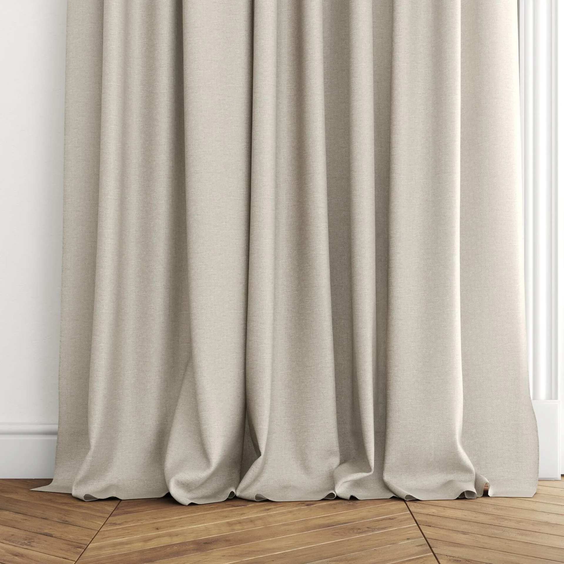 Bottom view of Sensation Dune, puddled with pinch pleat, on curtain rod
