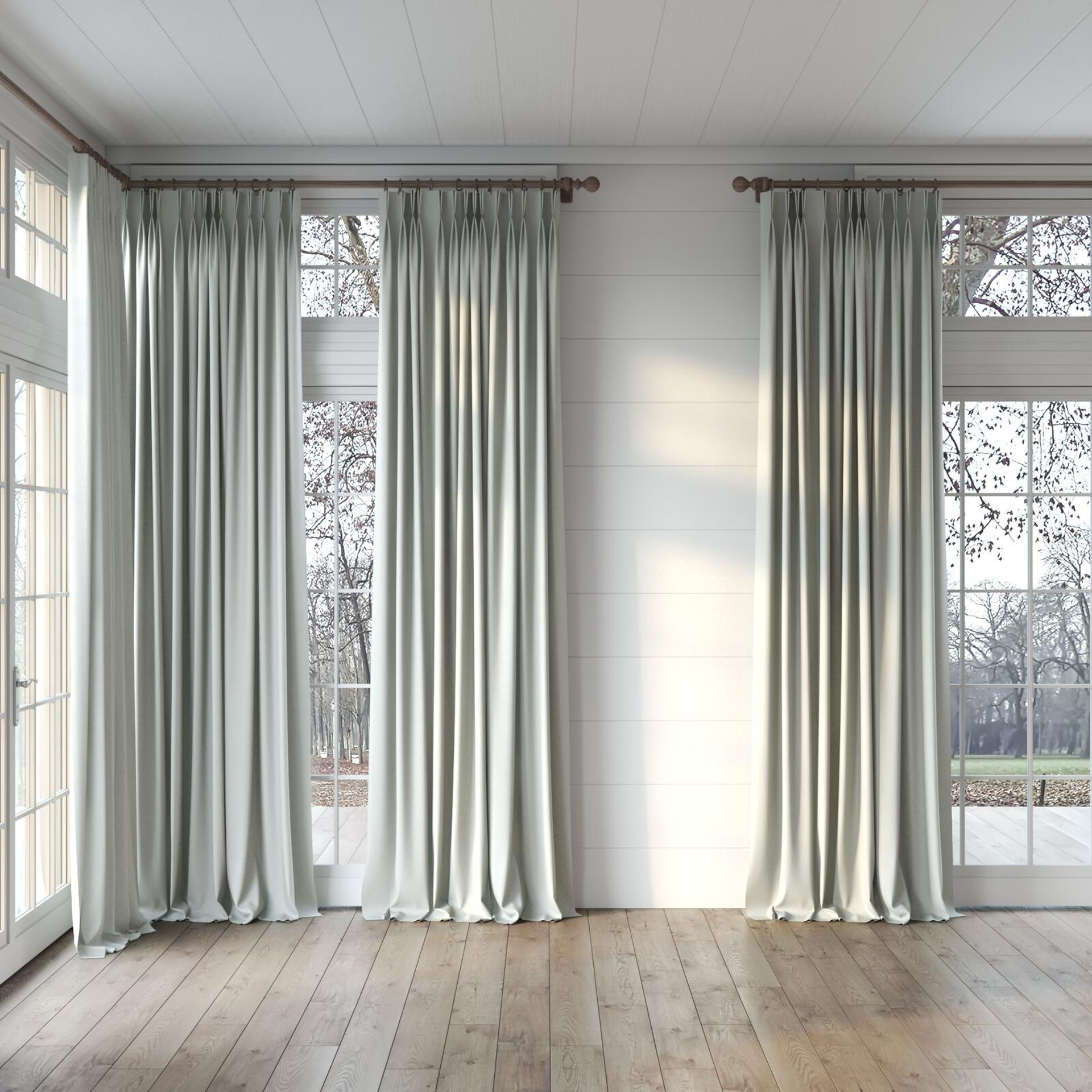 Full view of Dream Weaver 300 Flint, puddled, on curtain rod