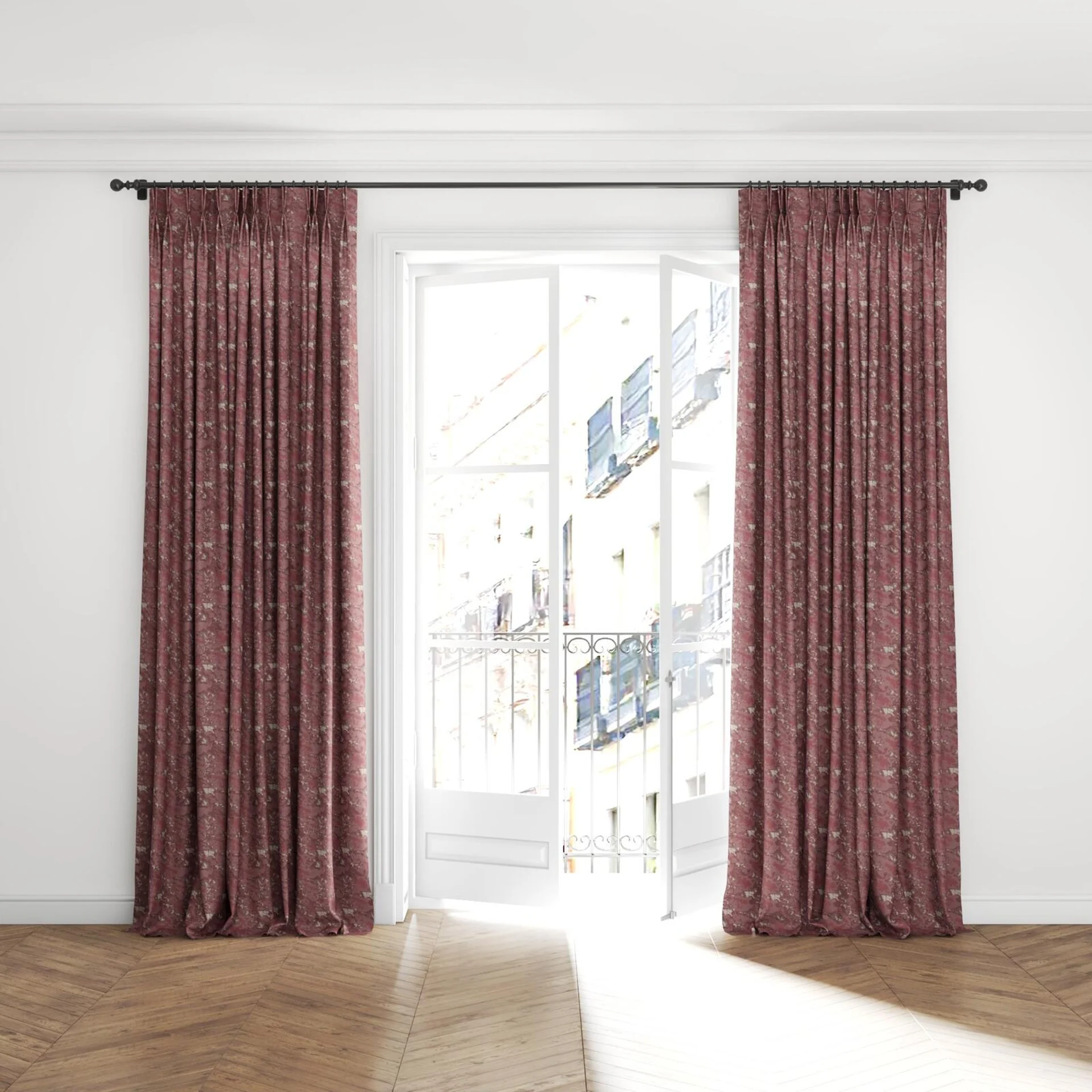 Full view of Lipova Petal, puddled with pinch pleat, on curtain rod