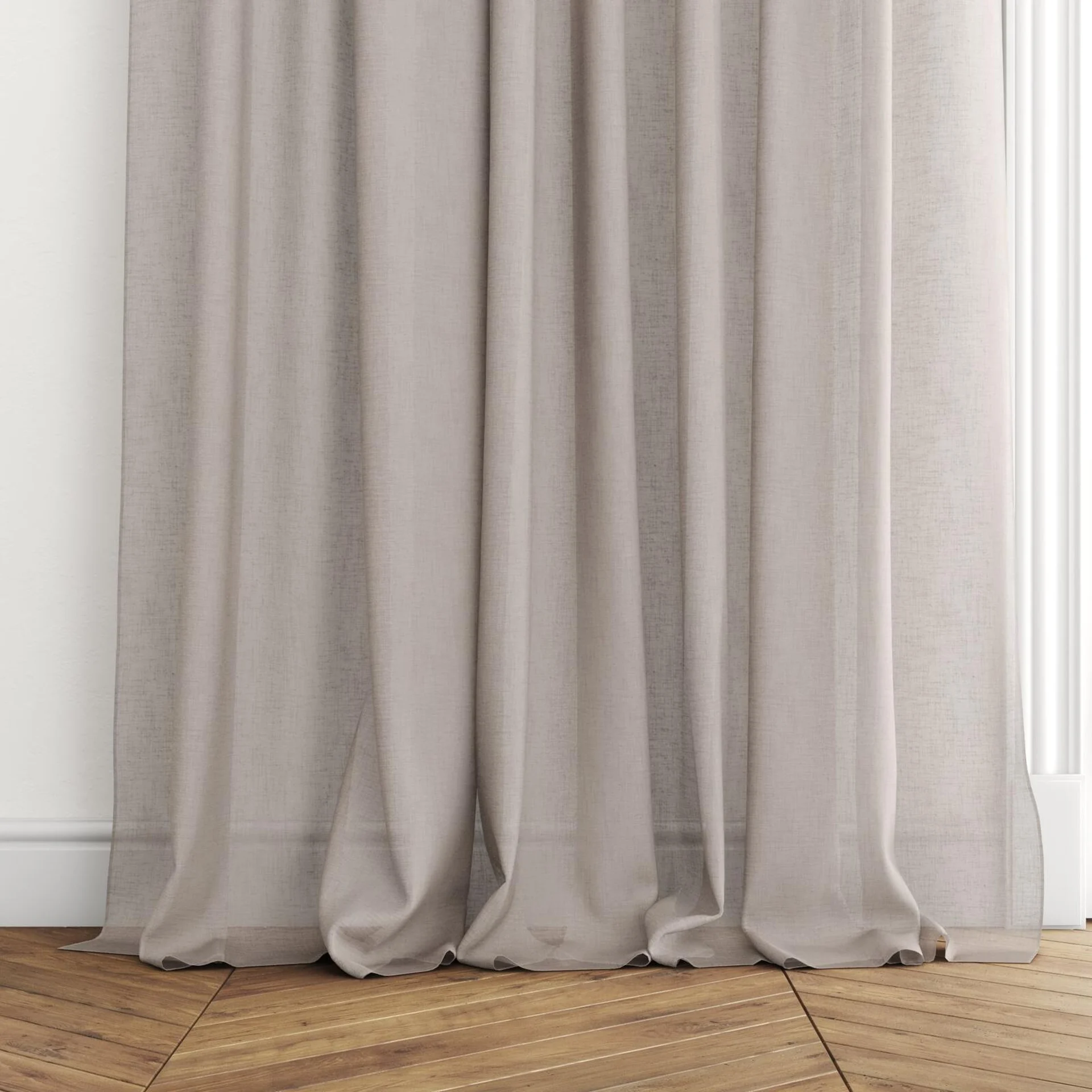 Bottom view of Cirrus Farrow, puddled with pinch pleat, on curtain rod