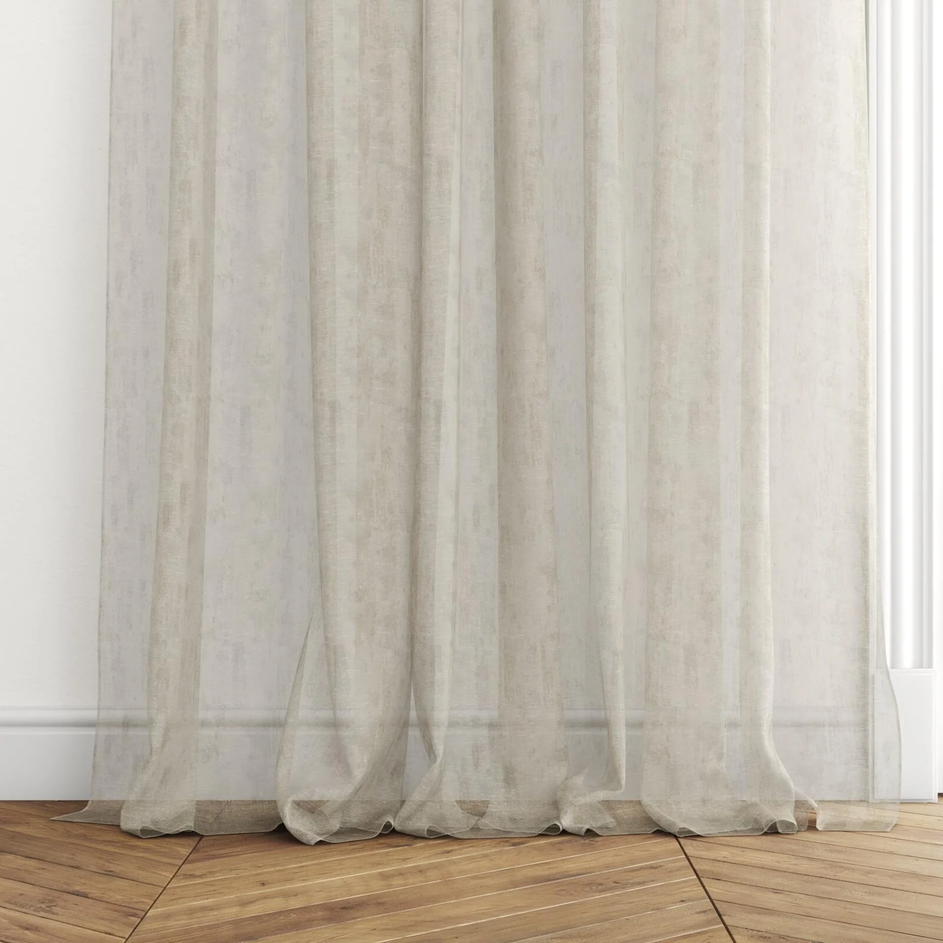 Bottom view of Tellaro Nougat, puddled with pinch pleat, on curtain rod