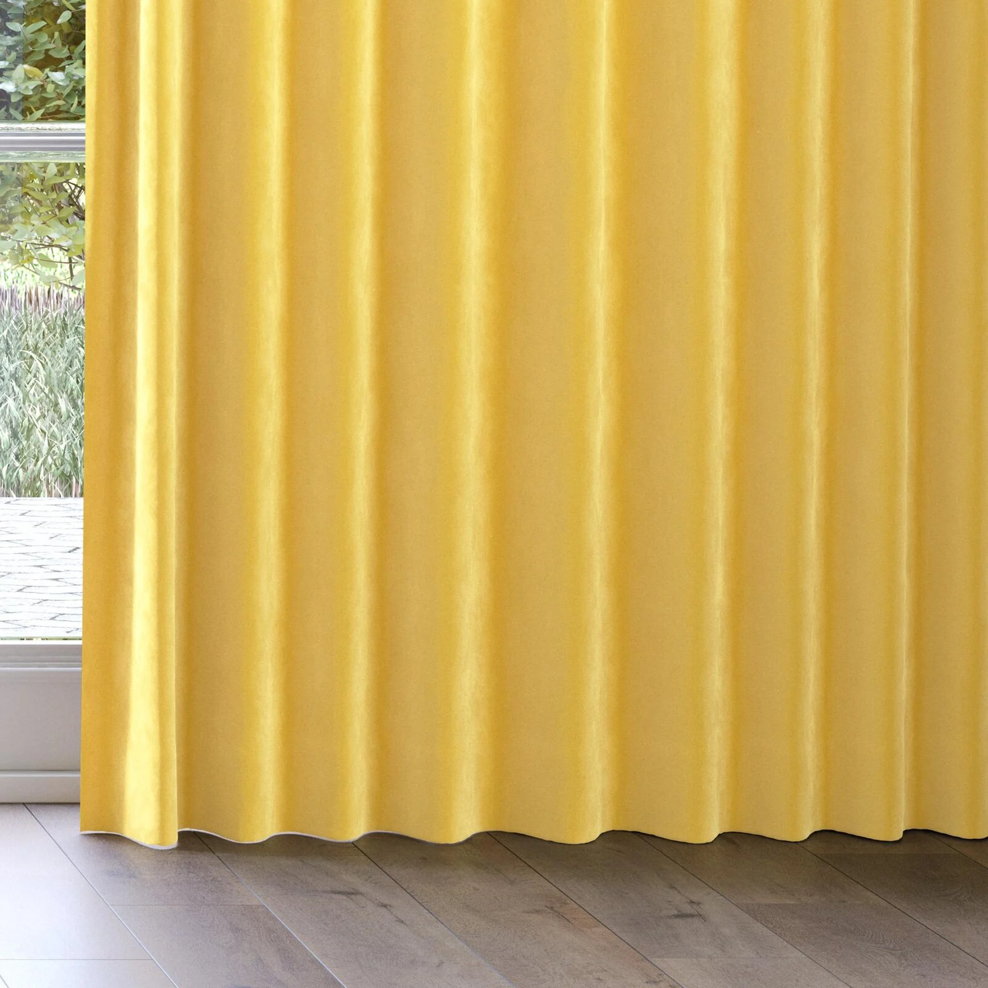 Bottom view of Lux Velvet Saffron 8204, on curtain rail
