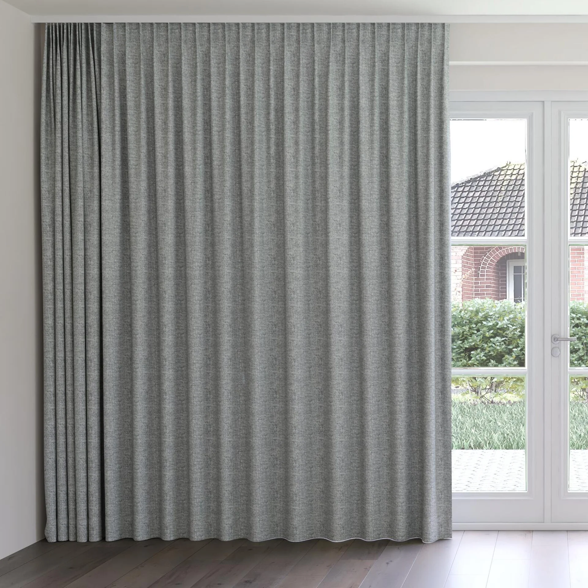 Front view of Earthwild Pewter, on curtain rail