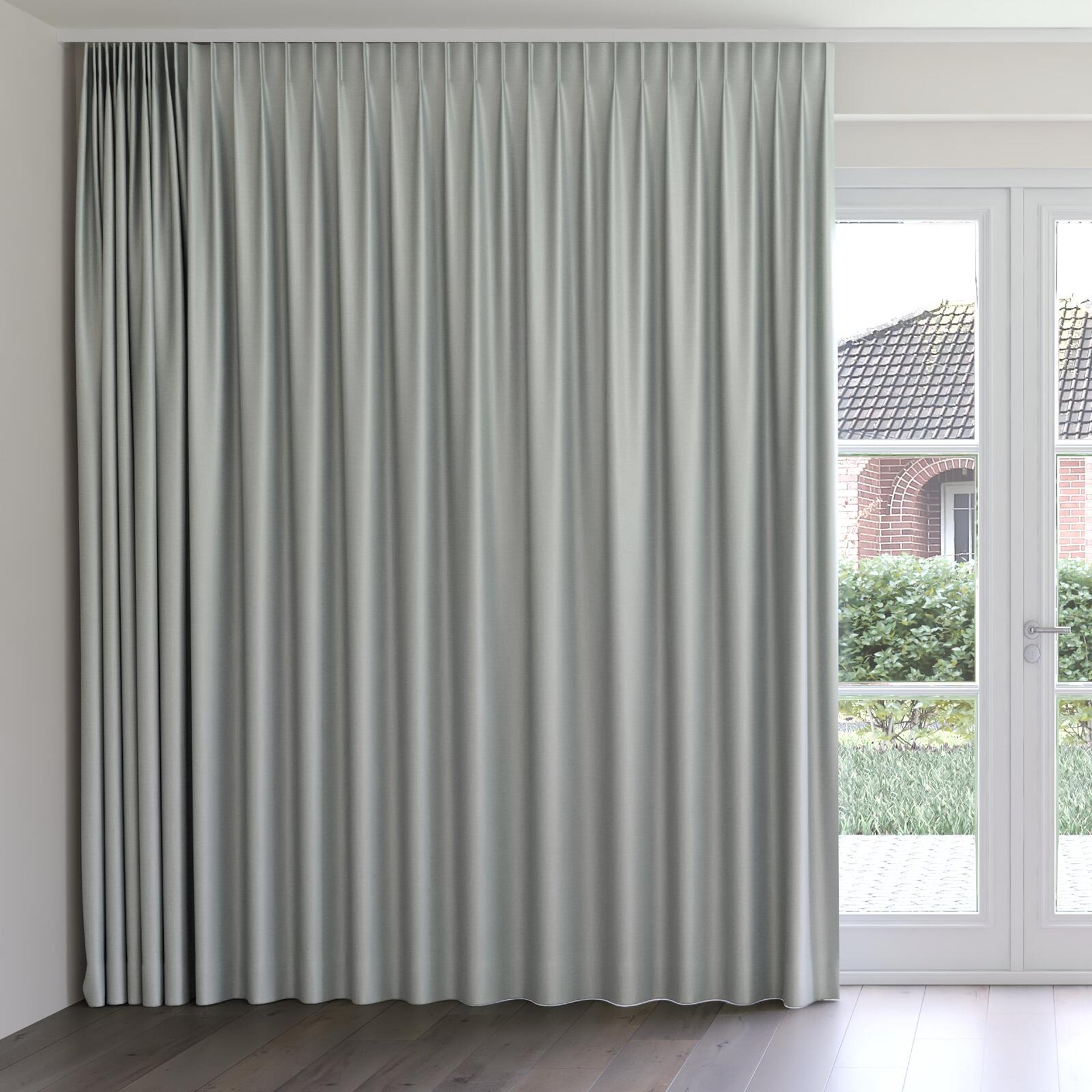 Front view of Stallion 2 Blackout Pumice, on curtain rail