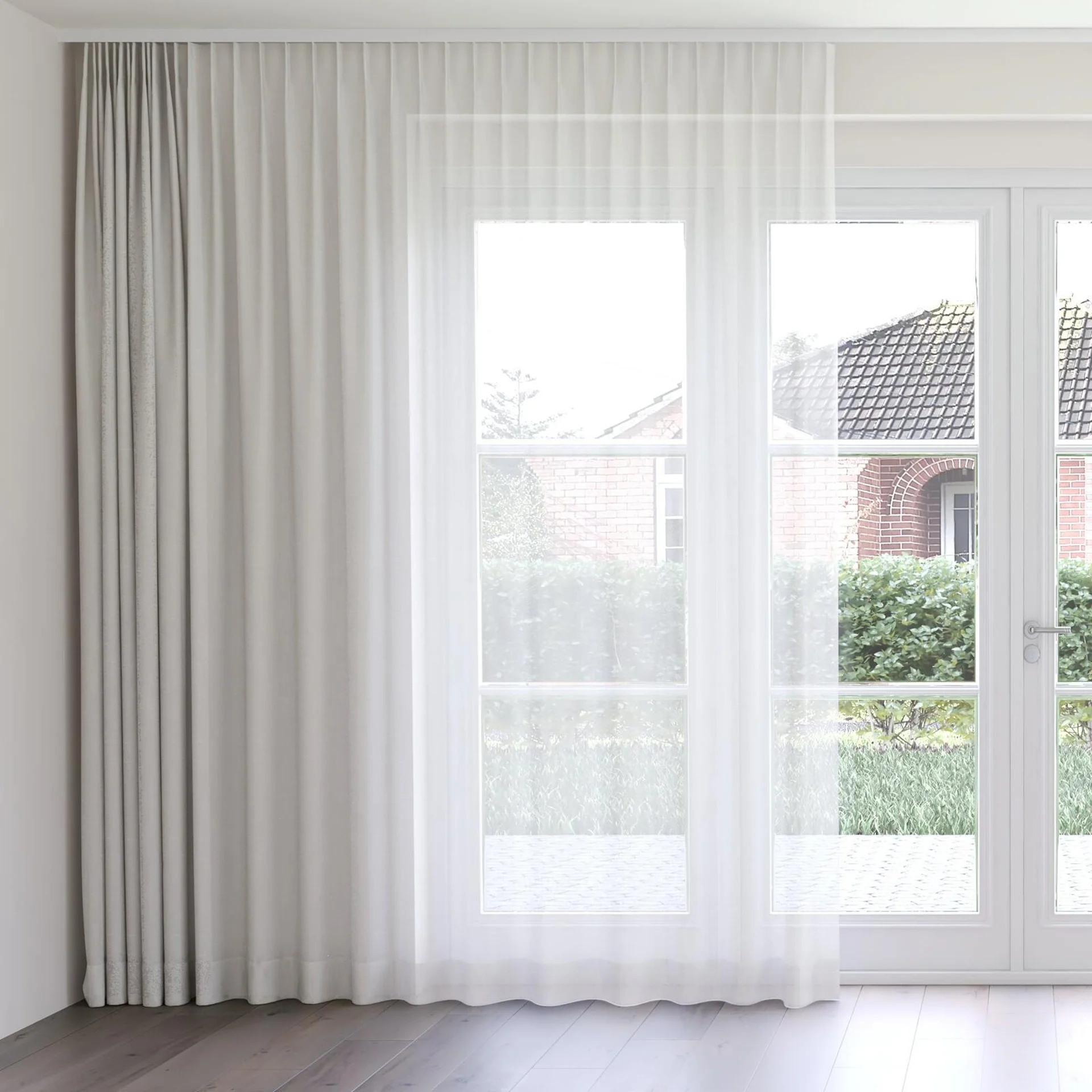 Front view of Gesso Lino Bone, on curtain rail