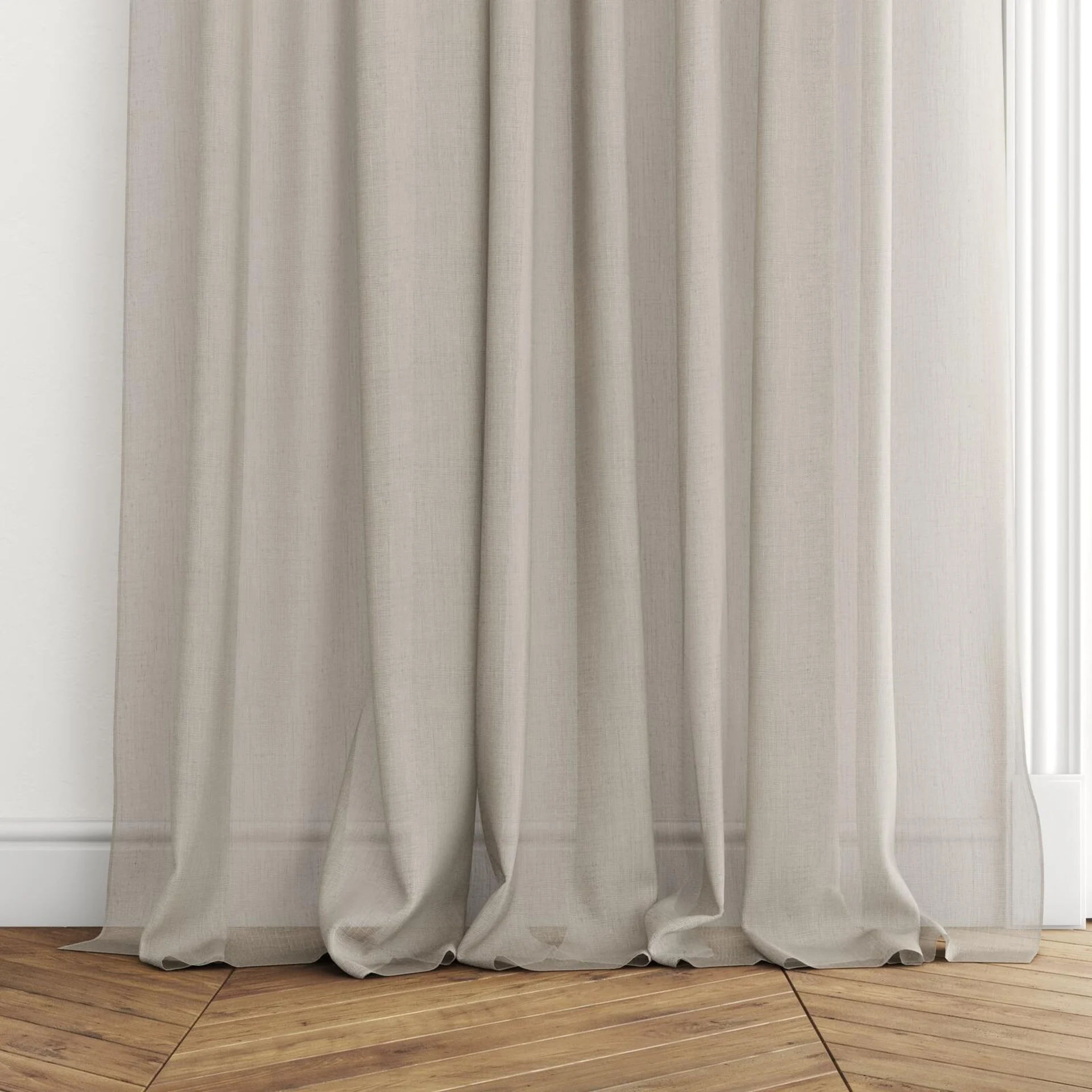 Bottom view of Antipodes Shale, puddled with pinch pleat, on curtain rod