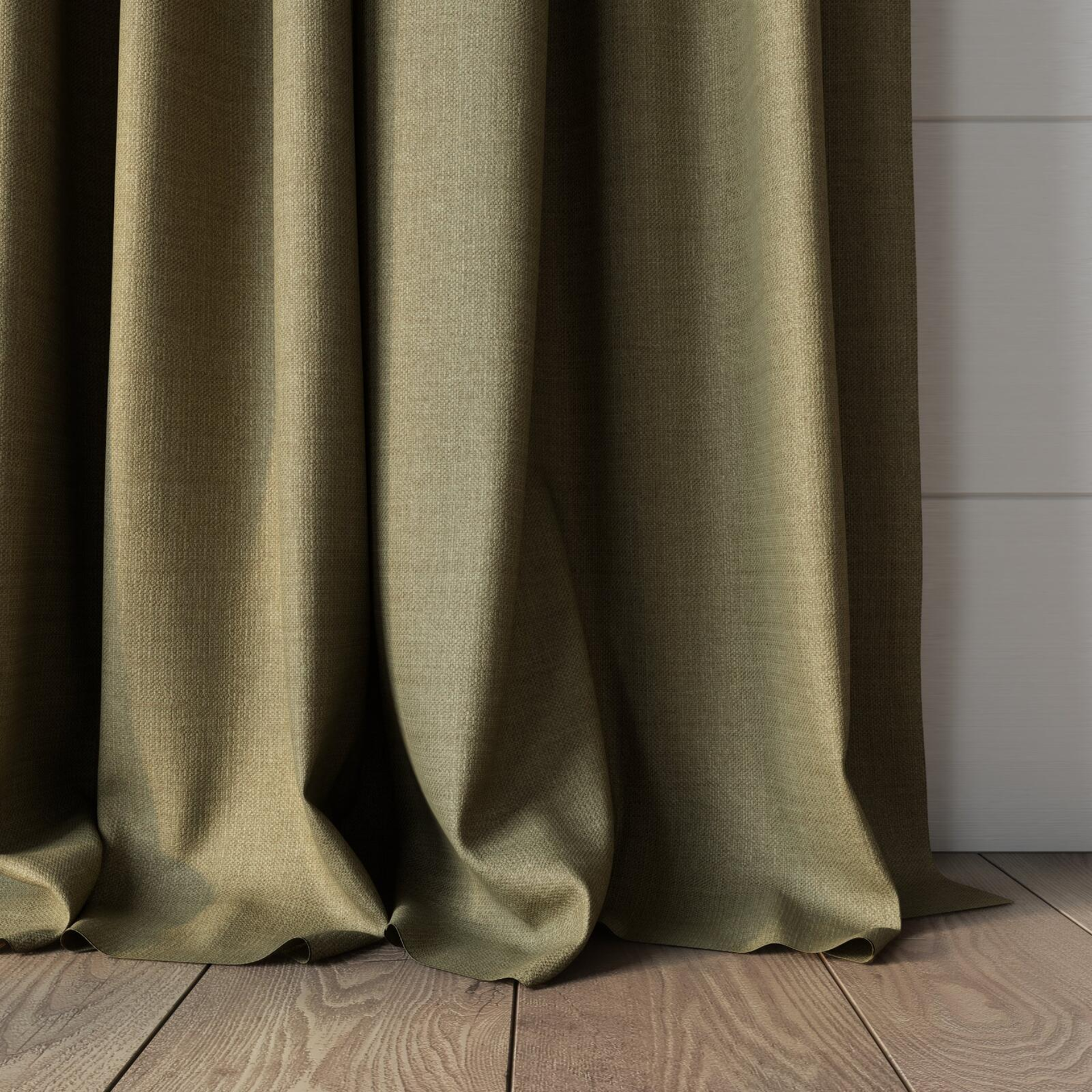 Bottom view of Linex Taupe, puddled, on curtain rod
