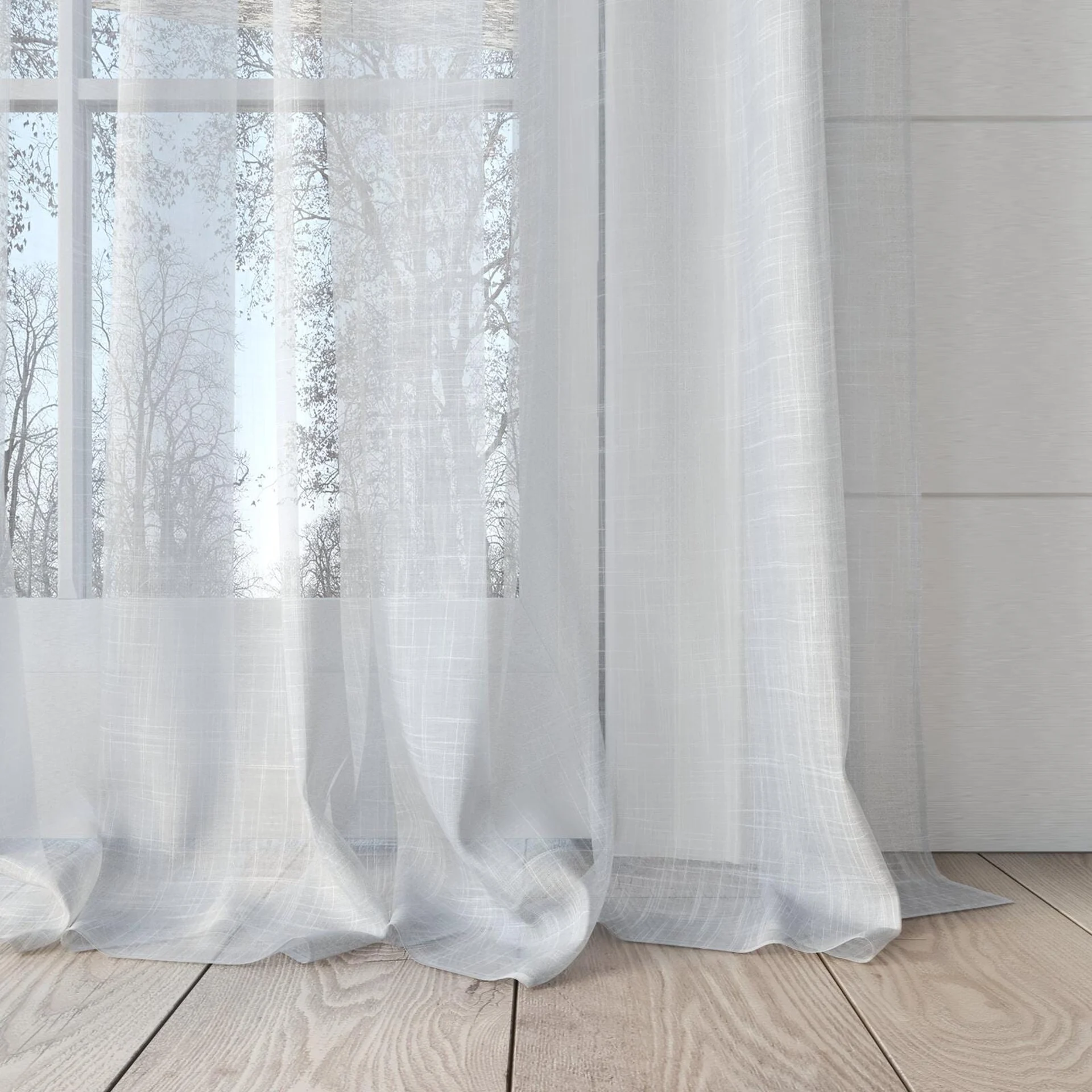 Bottom view of Attica Snow, puddled, on curtain rod