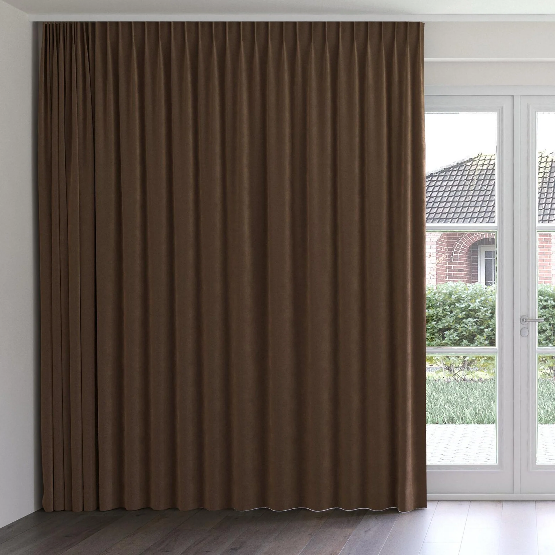Front view of Lux Velvet Cocoa 8409, on curtain rail