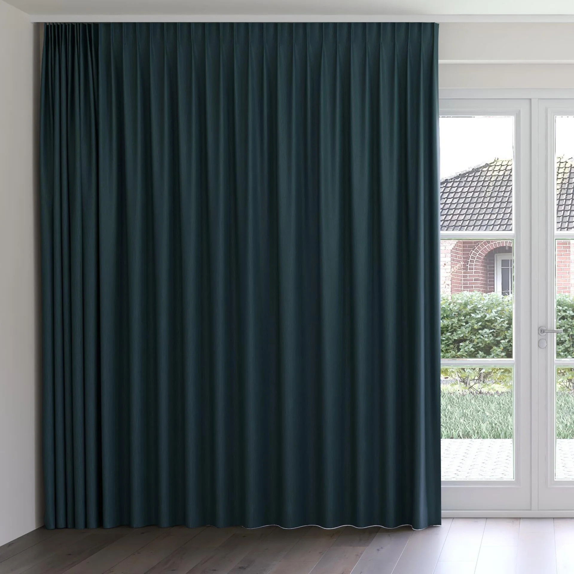 Front view of Tuxedo Peacock, on curtain rail