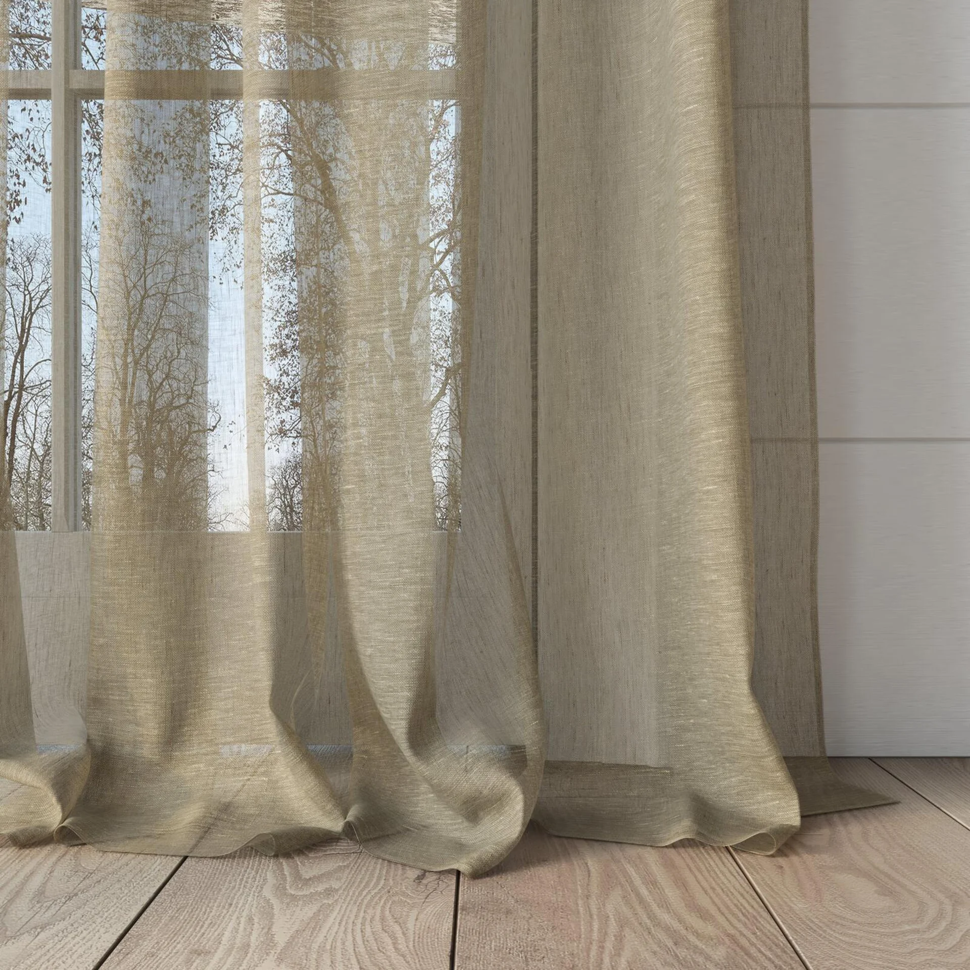 Bottom view of Pure Linen Jute, puddled, on curtain rod