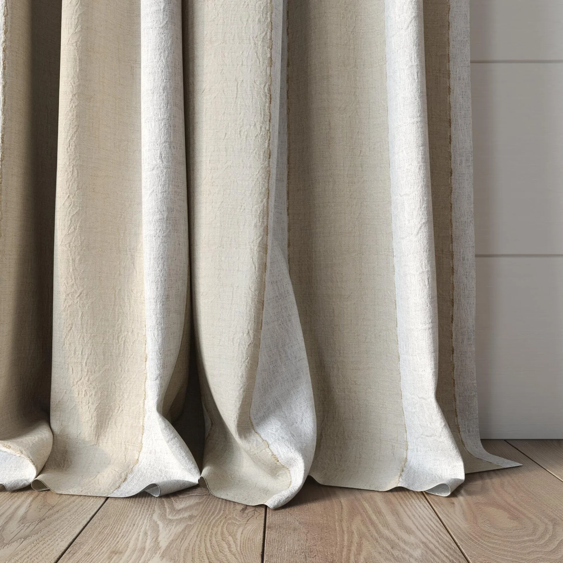Bottom view of Zanella Sandshell, puddled, on curtain rod
