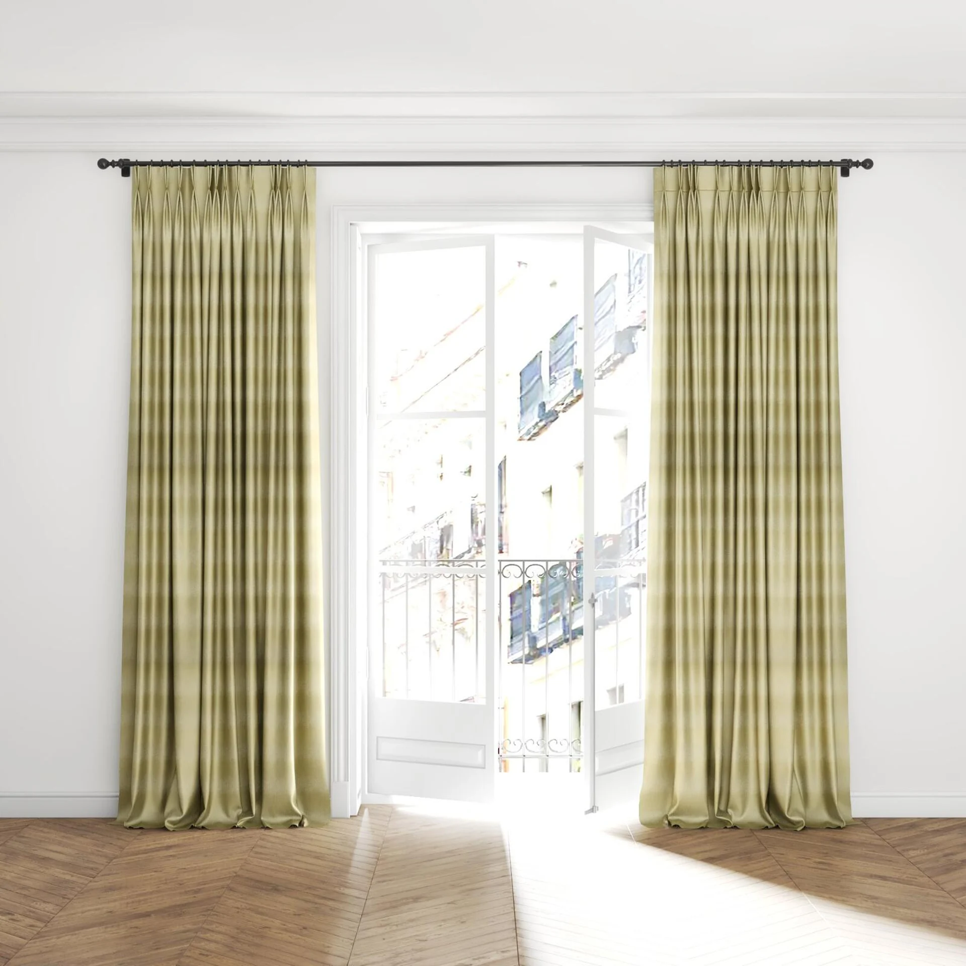 Full view of Glint Fern, puddled with pinch pleat, on curtain rod