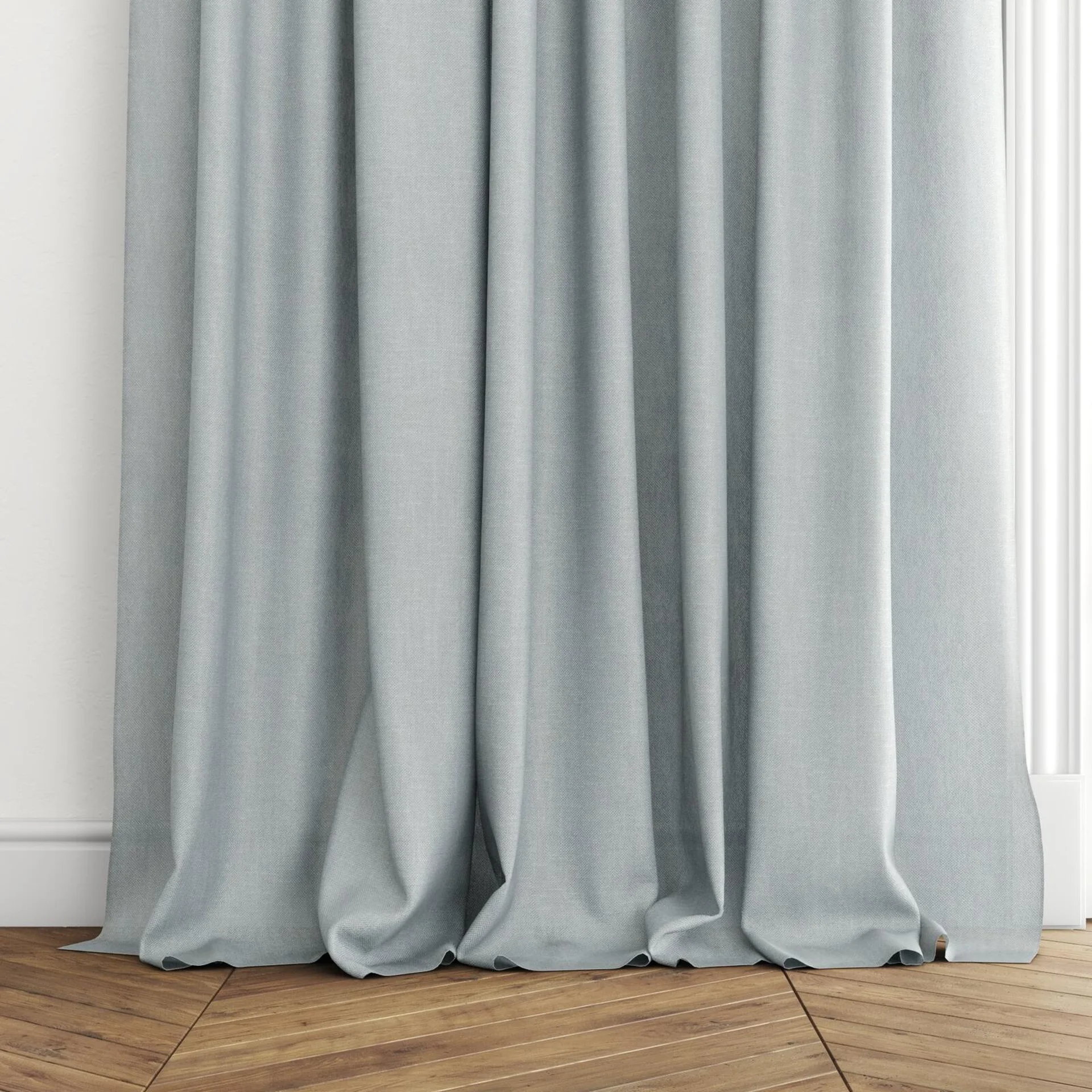 Bottom view of Lucidity Topaz, puddled with pinch pleat, on curtain rod