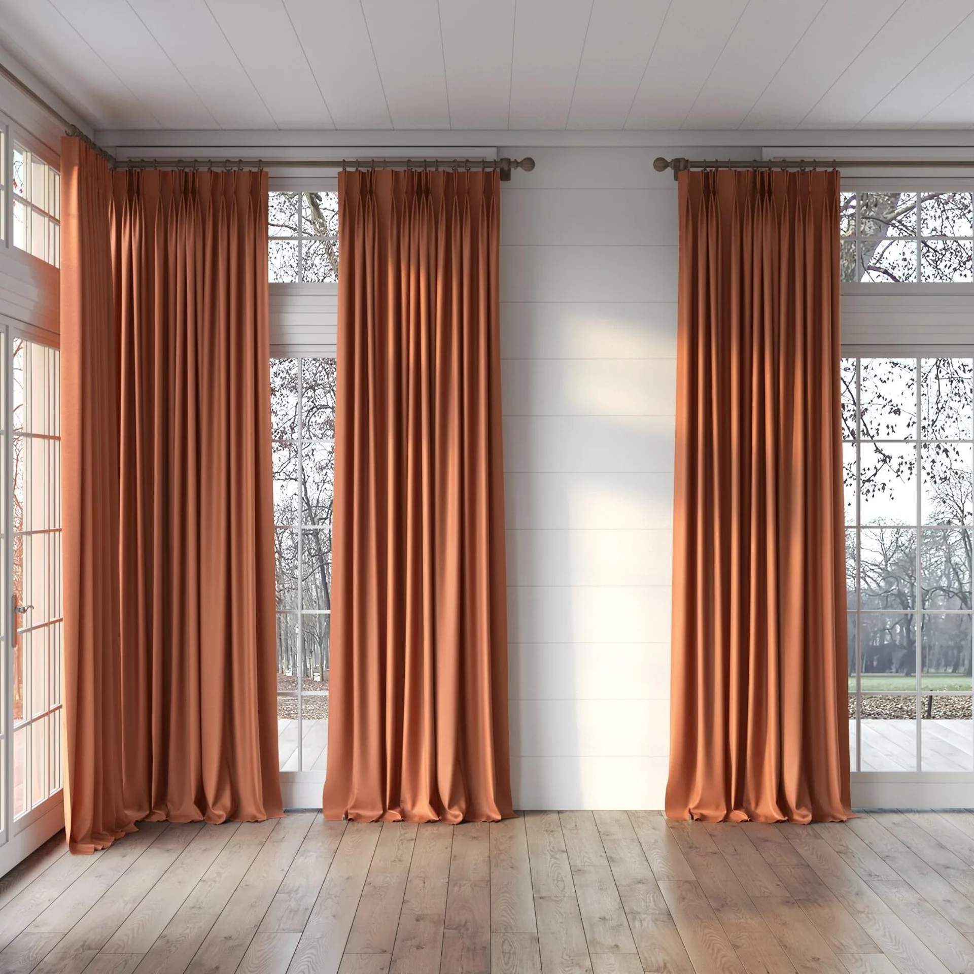 Full view of Colourwash Eco Terra, puddled, on curtain rod