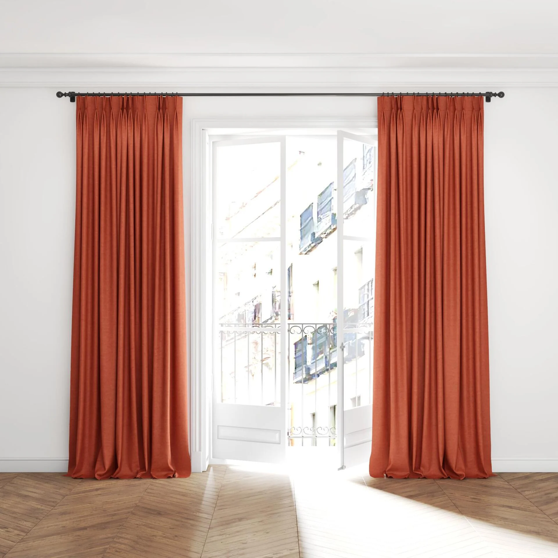 Full view of Colourwash Cinnamon, puddled with pinch pleat, on curtain rod