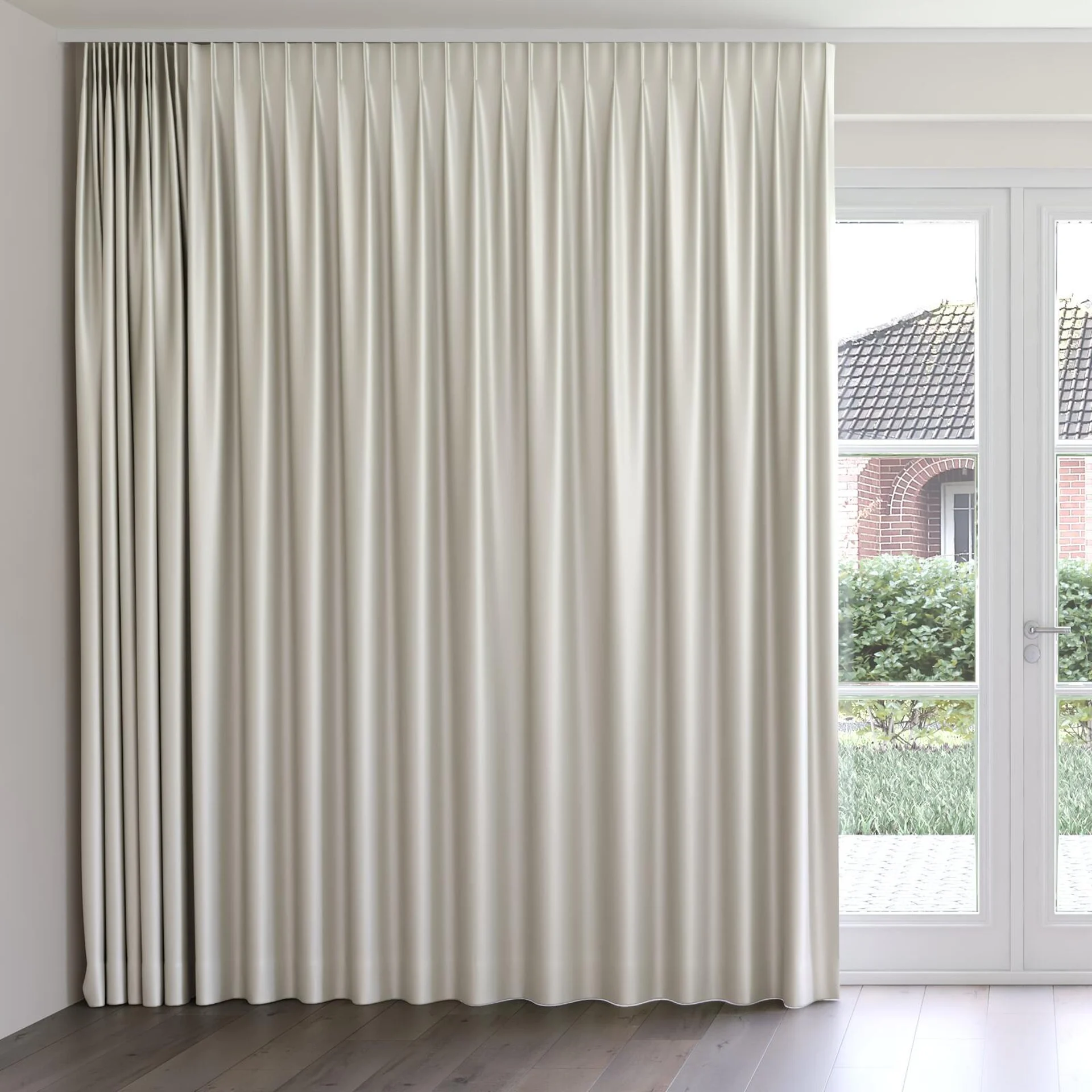 Front view of Moonbeam Angora, on curtain rail