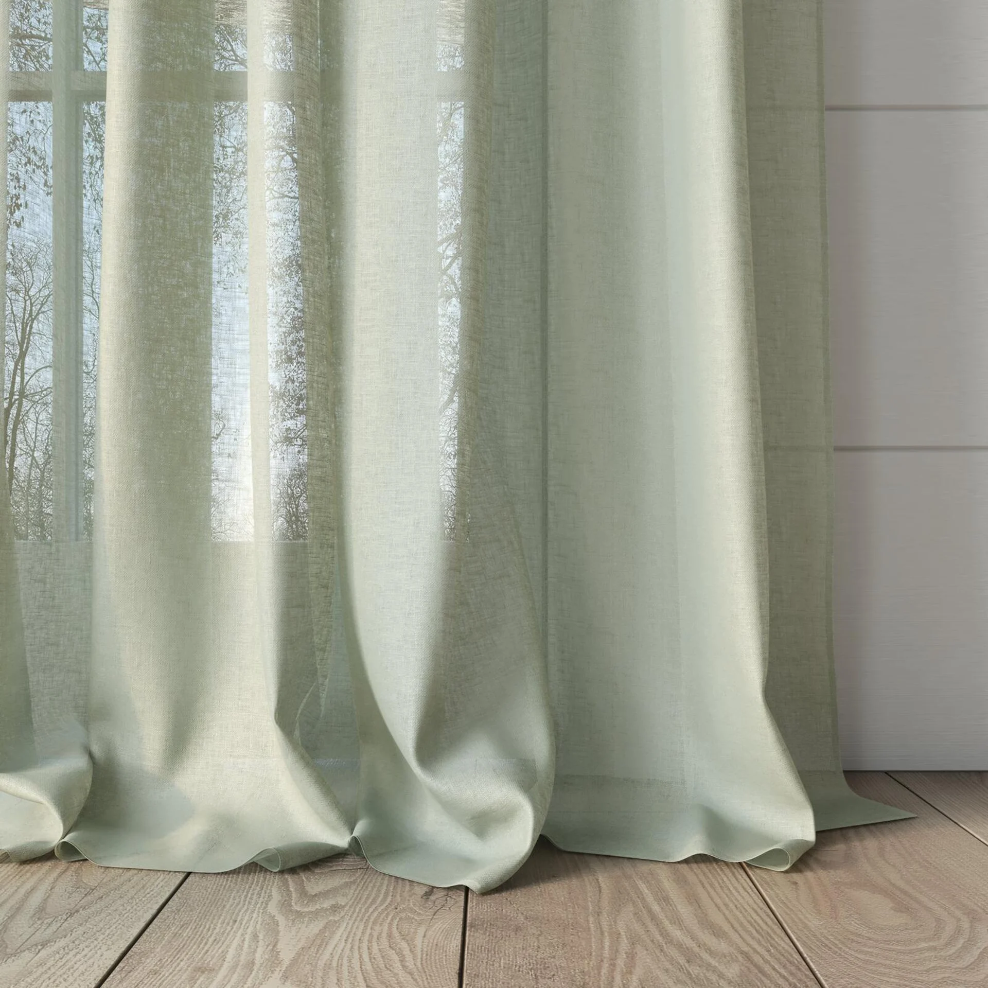 Bottom view of Kanso Stonewash Eucalyptus, puddled, on curtain rod