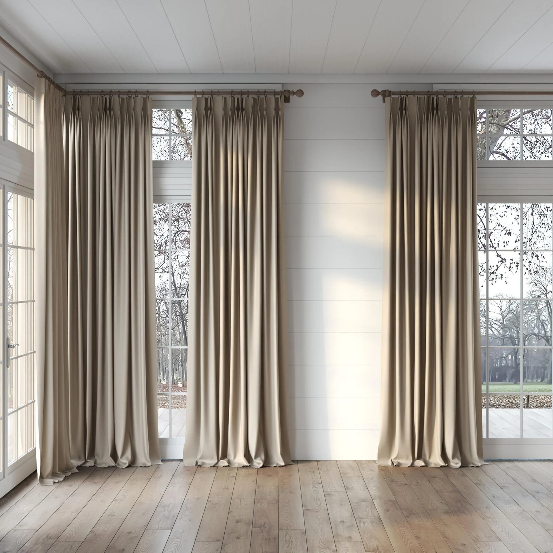 Full view of Woolskin Sepia, puddled, on curtain rod