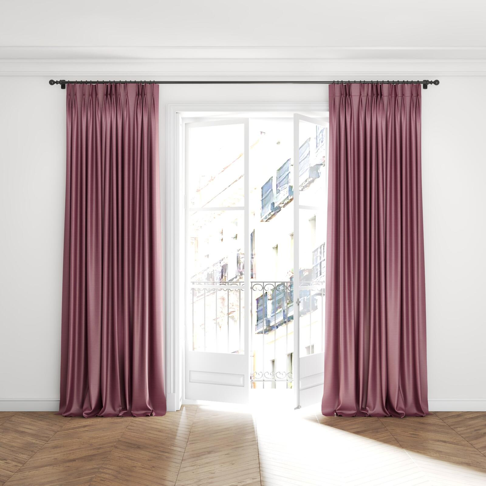 Full view of Silky Tulip, puddled with pinch pleat, on curtain rod