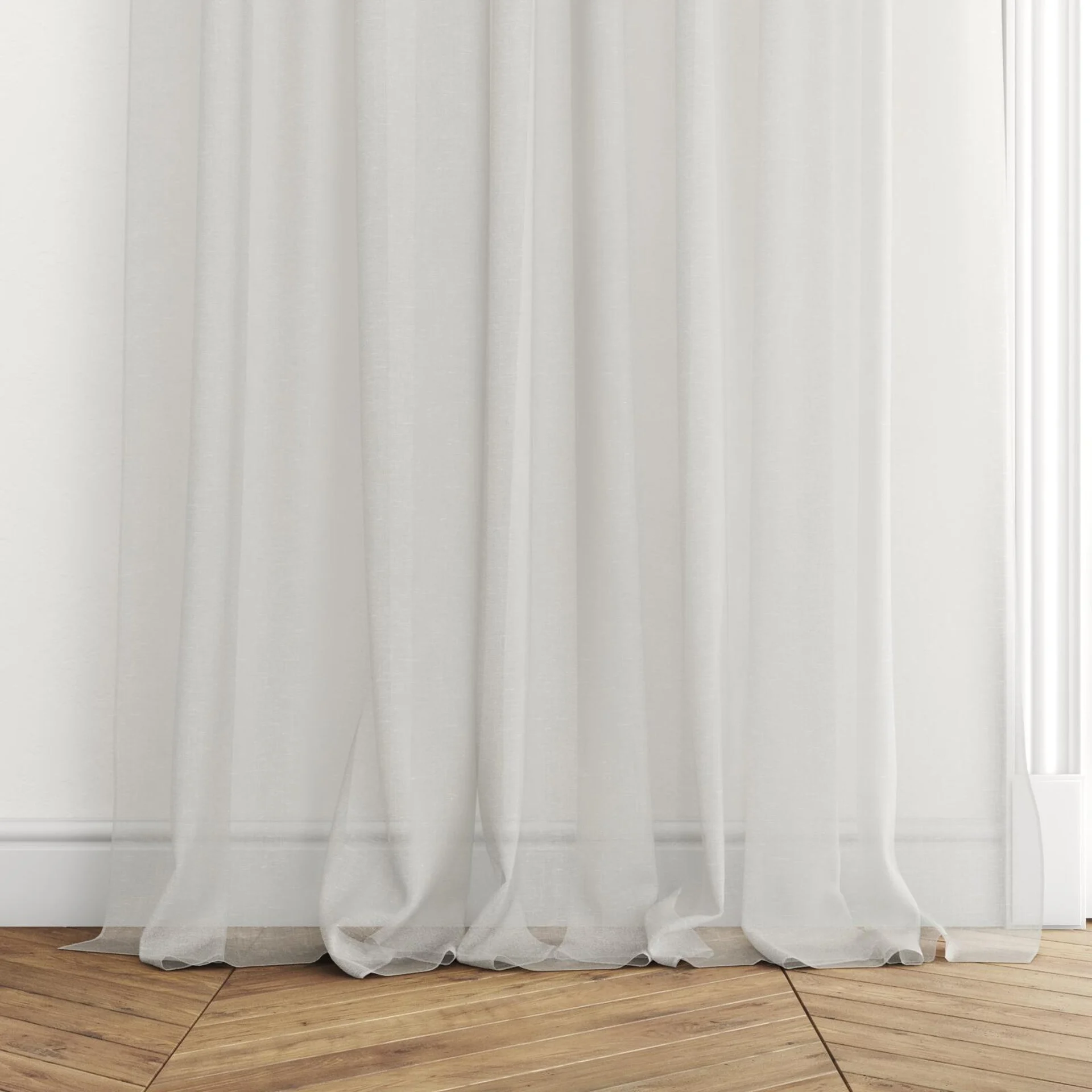 Bottom view of Distill Pearl, puddled with pinch pleat, on curtain rod