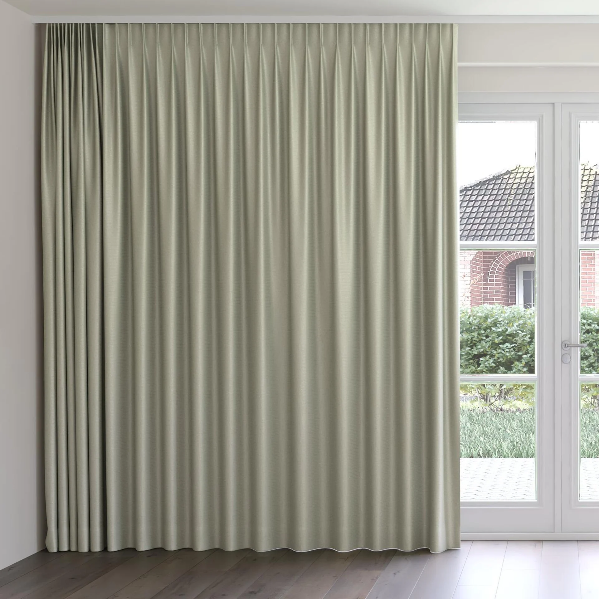 Front view of Kennedy II Blackout Sage, on curtain rail