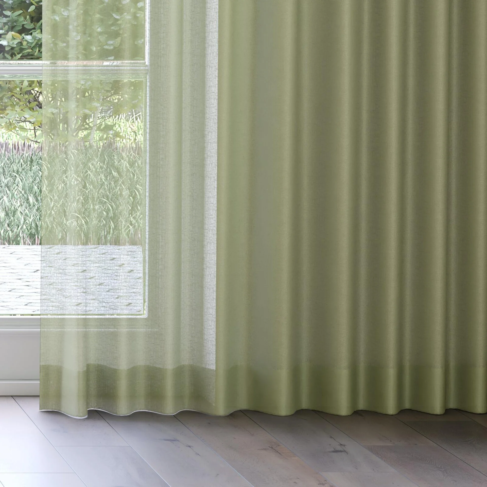 Bottom view of Kanso Stonewash Green Tea, on curtain rail