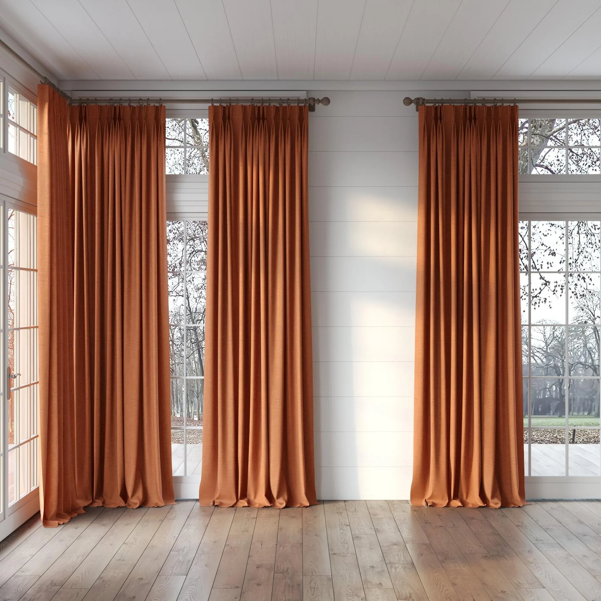 Full view of Mauritius Terra, puddled, on curtain rod