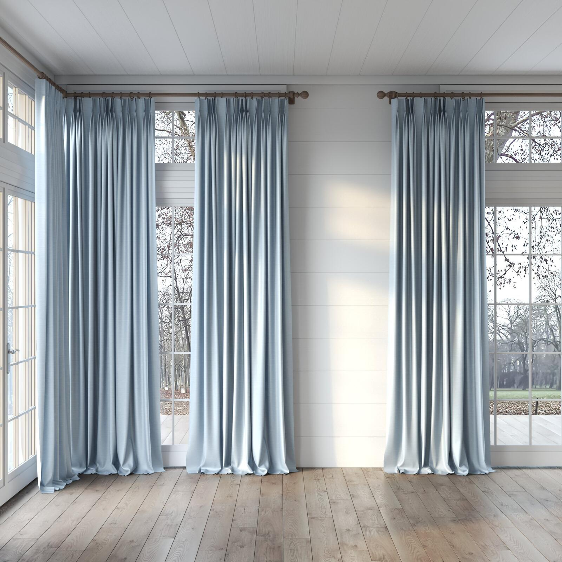 Full view of Silky Sky, puddled, on curtain rod