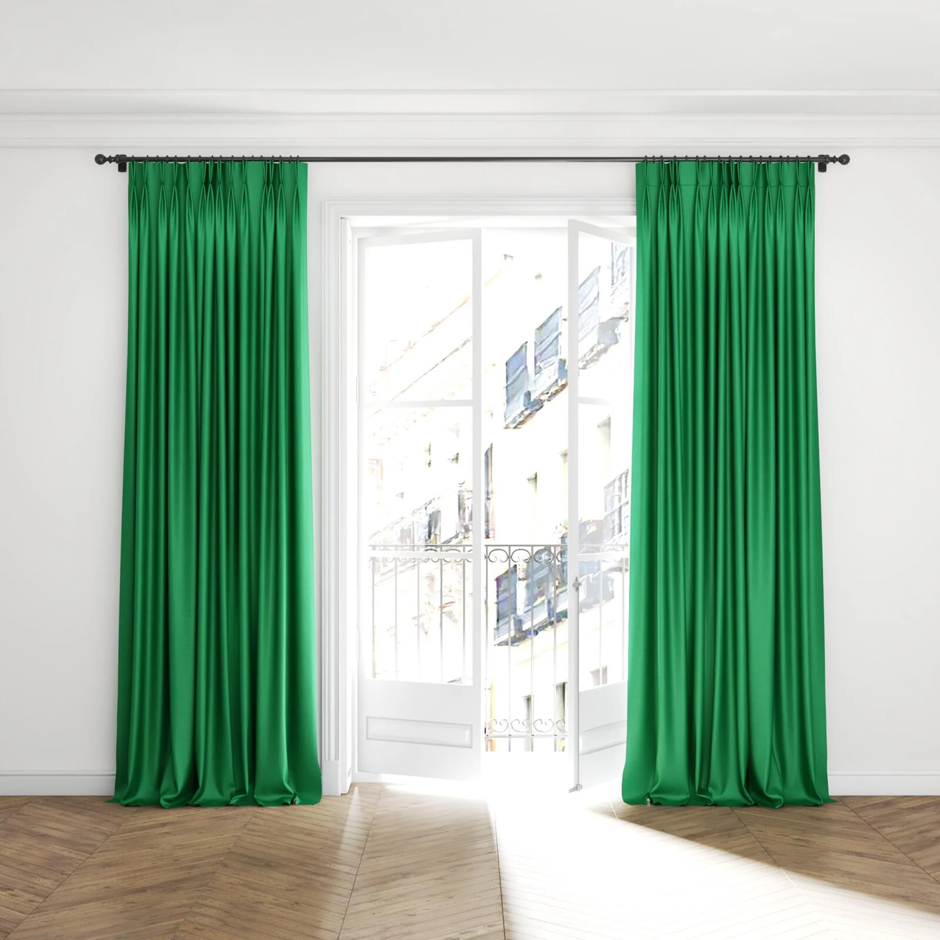 Full view of Provence Emerald, puddled with pinch pleat, on curtain rod