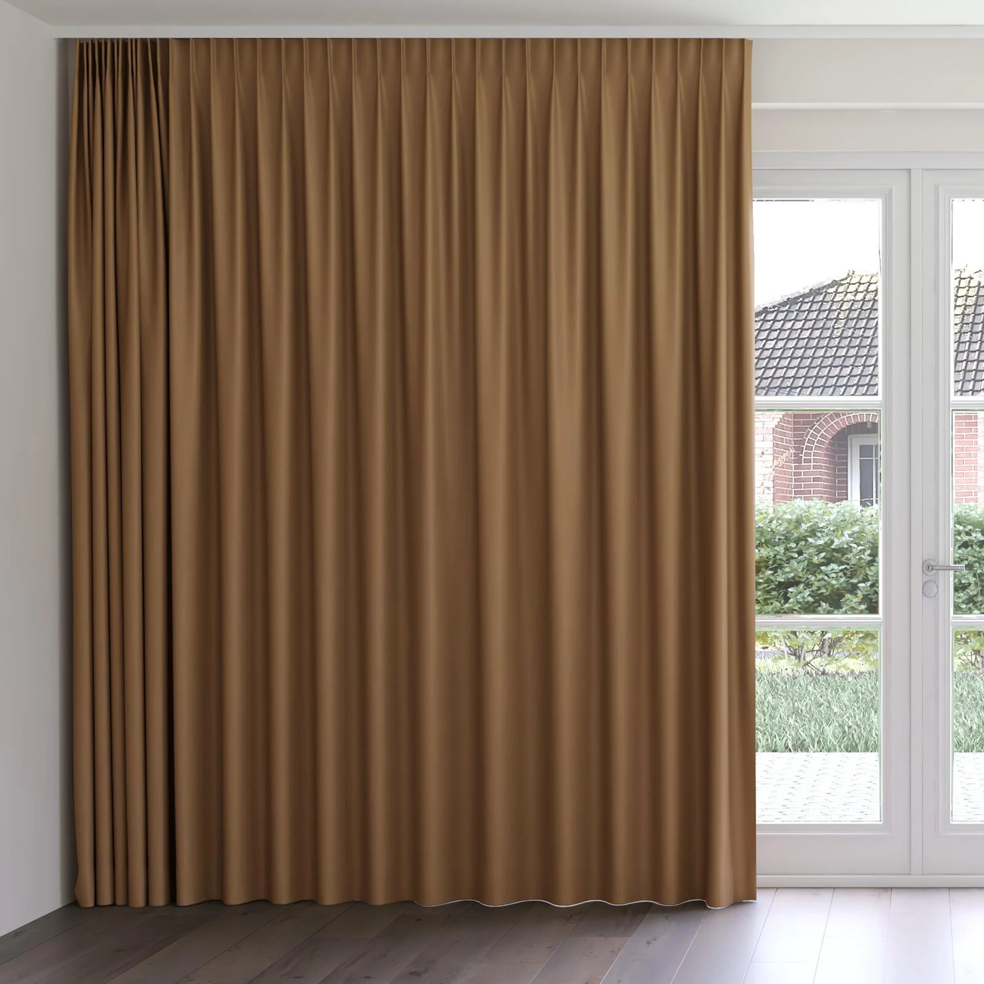 Front view of Blockbuster Cashew, on curtain rail