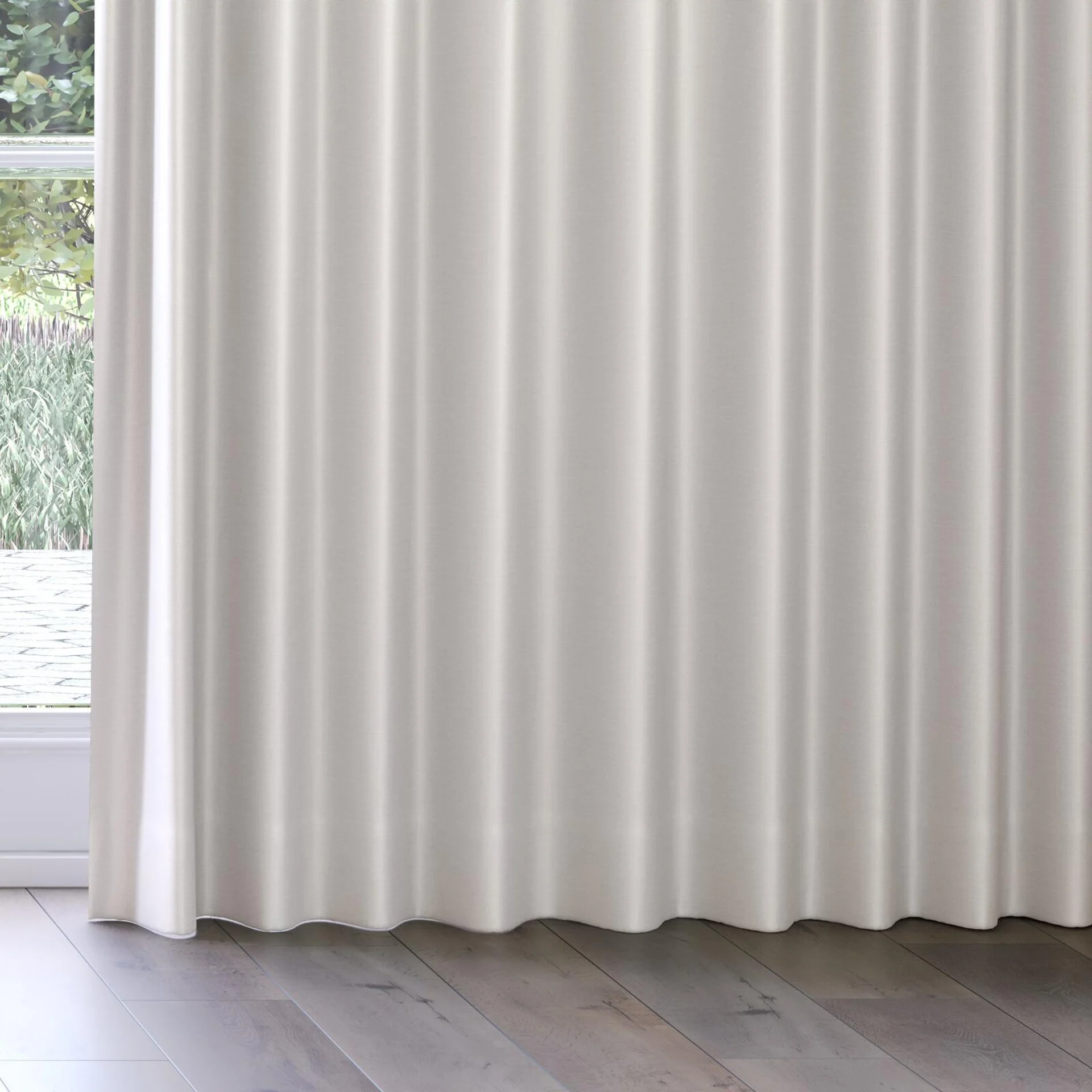 Bottom view of Stallion 2 Blackout Parchment, on curtain rail