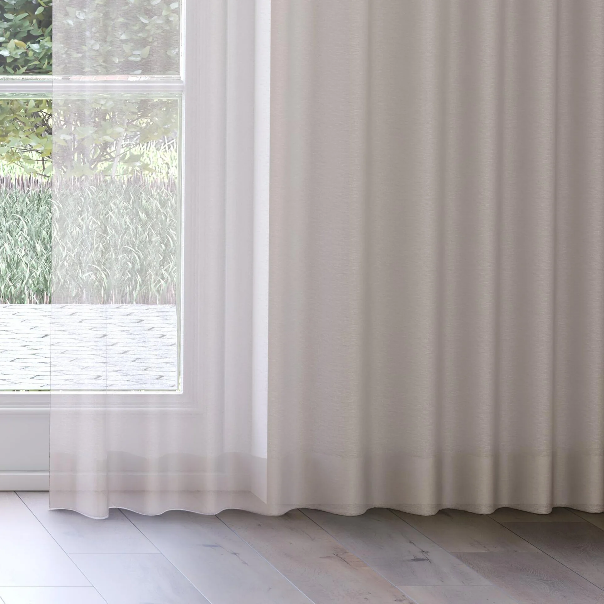 Bottom view of Locomotion Linen, on curtain rail