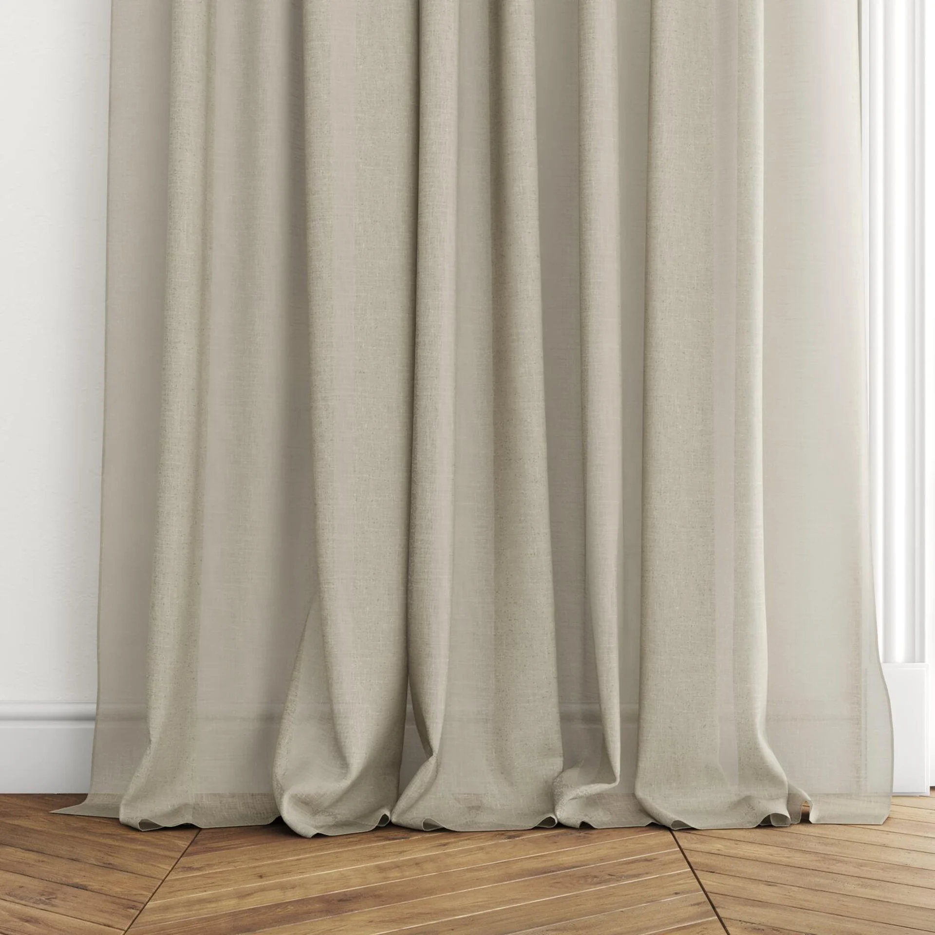 Bottom view of Uno Harvest, puddled with pinch pleat, on curtain rod