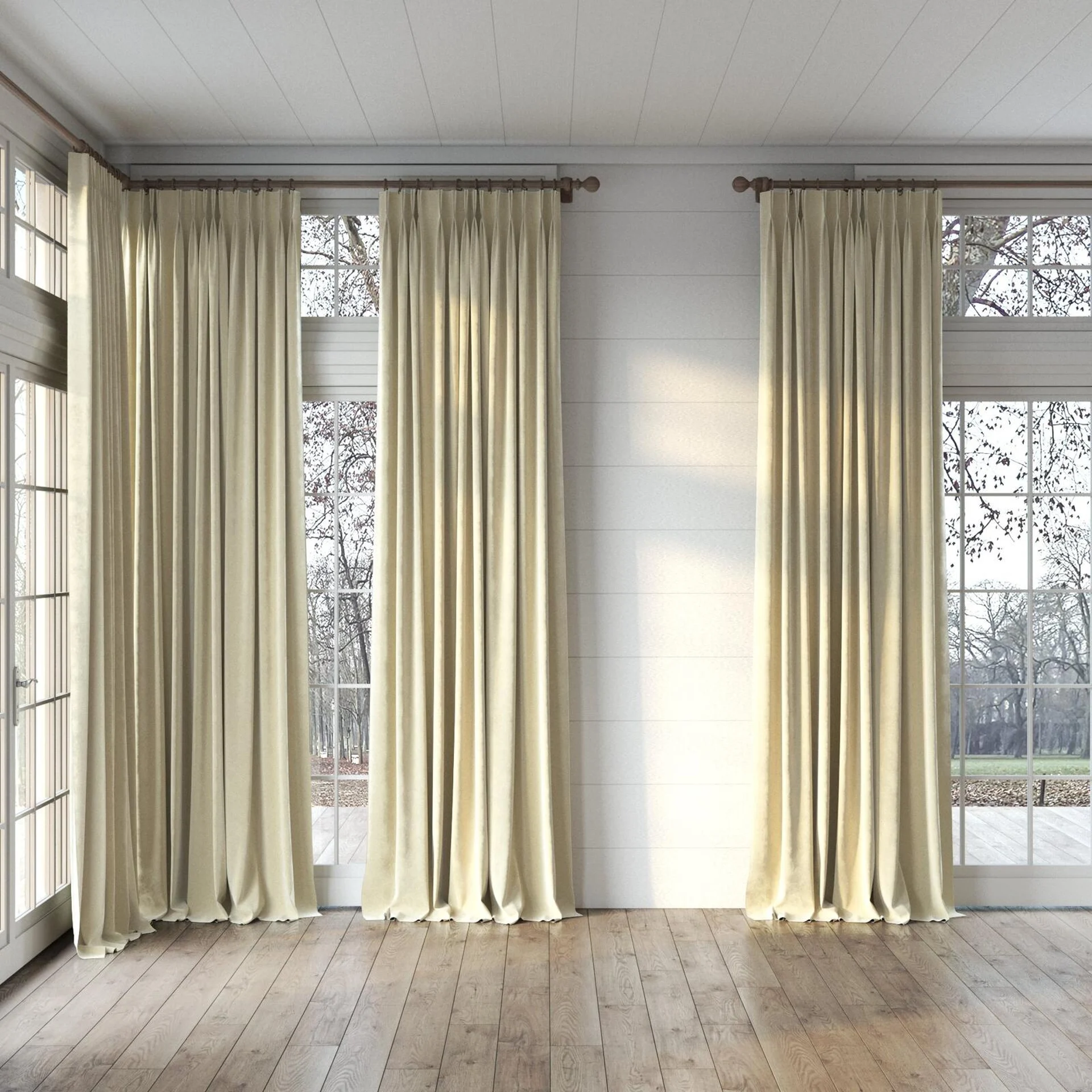 Full view of Lux Velvet Ivory 8312, puddled, on curtain rod