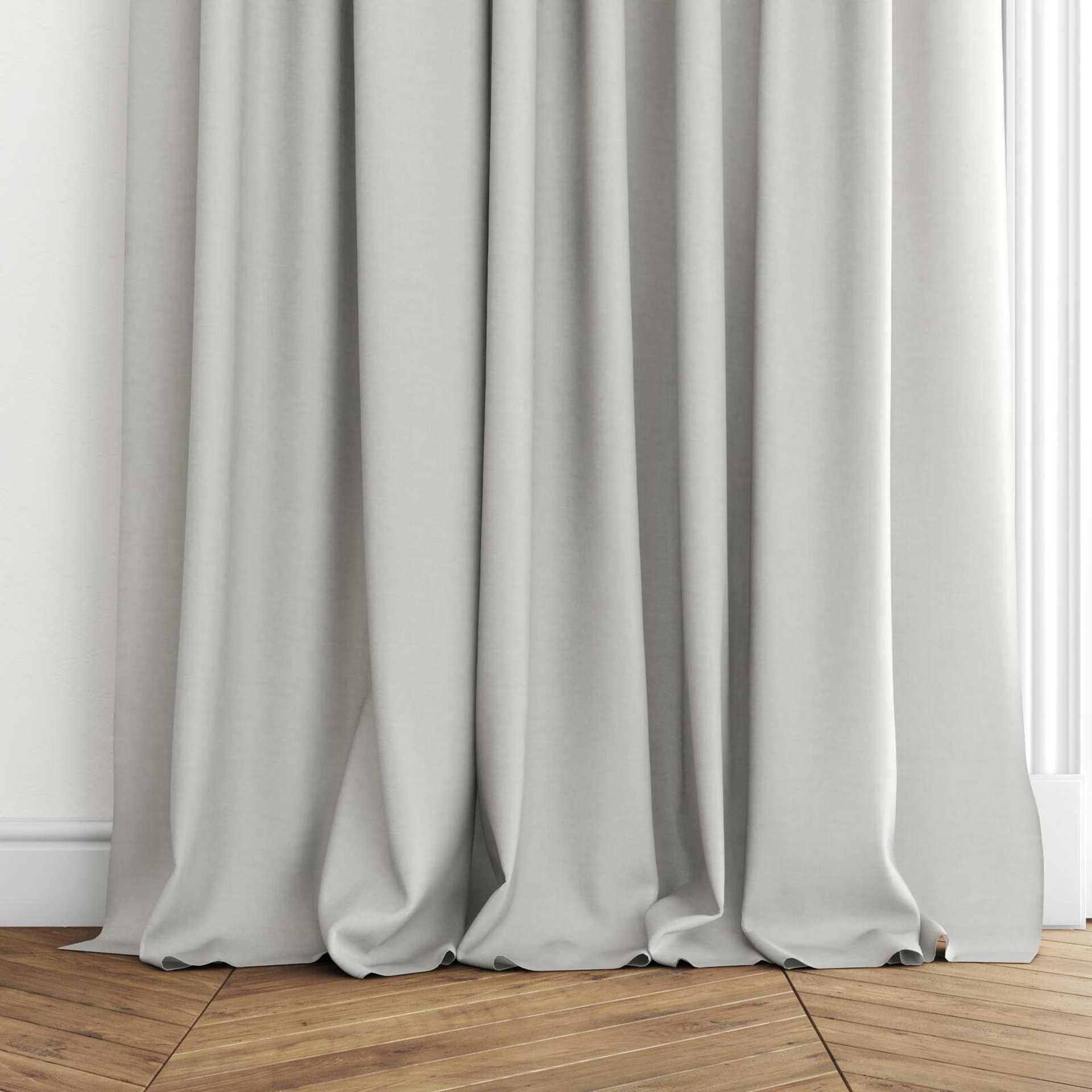 Bottom view of Arcadia Rabbit, puddled with pinch pleat, on curtain rod