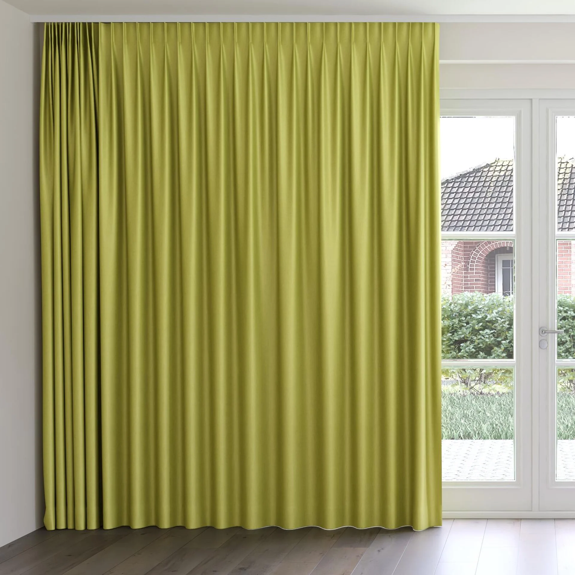 Front view of Matrix Pistachio, on curtain rail