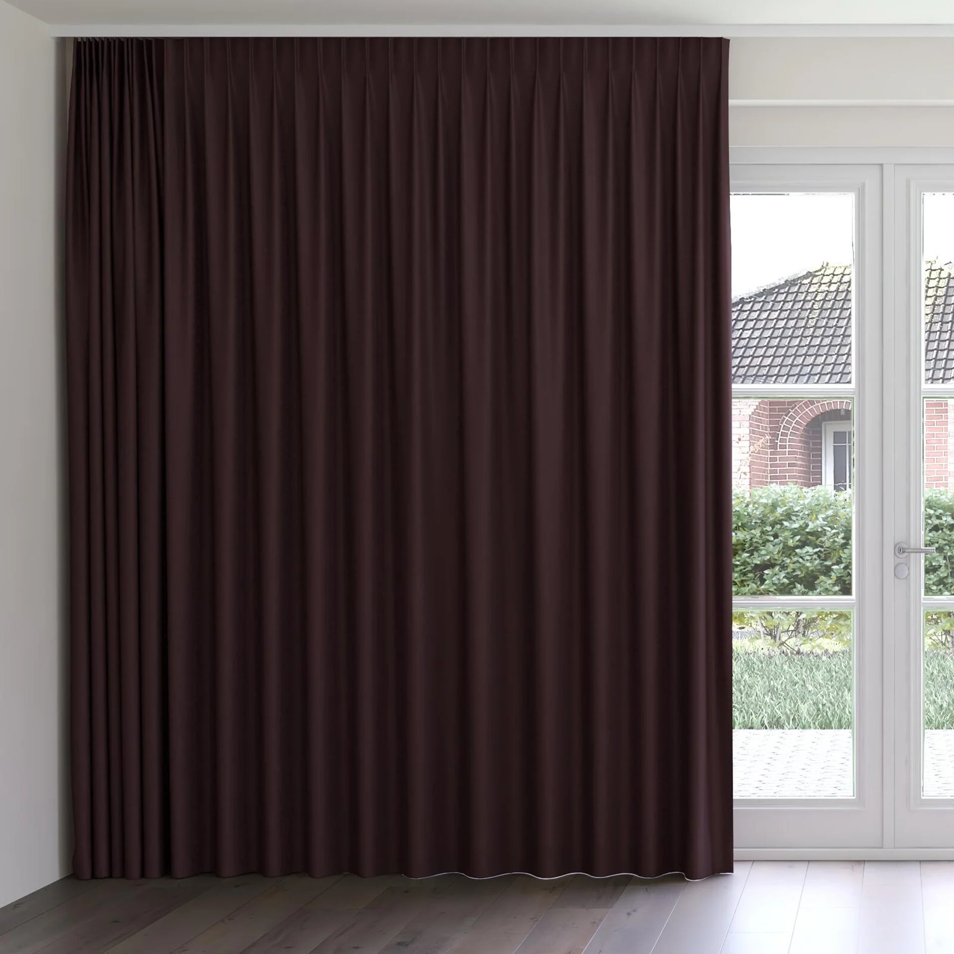 Front view of Eternal Plum, on curtain rail