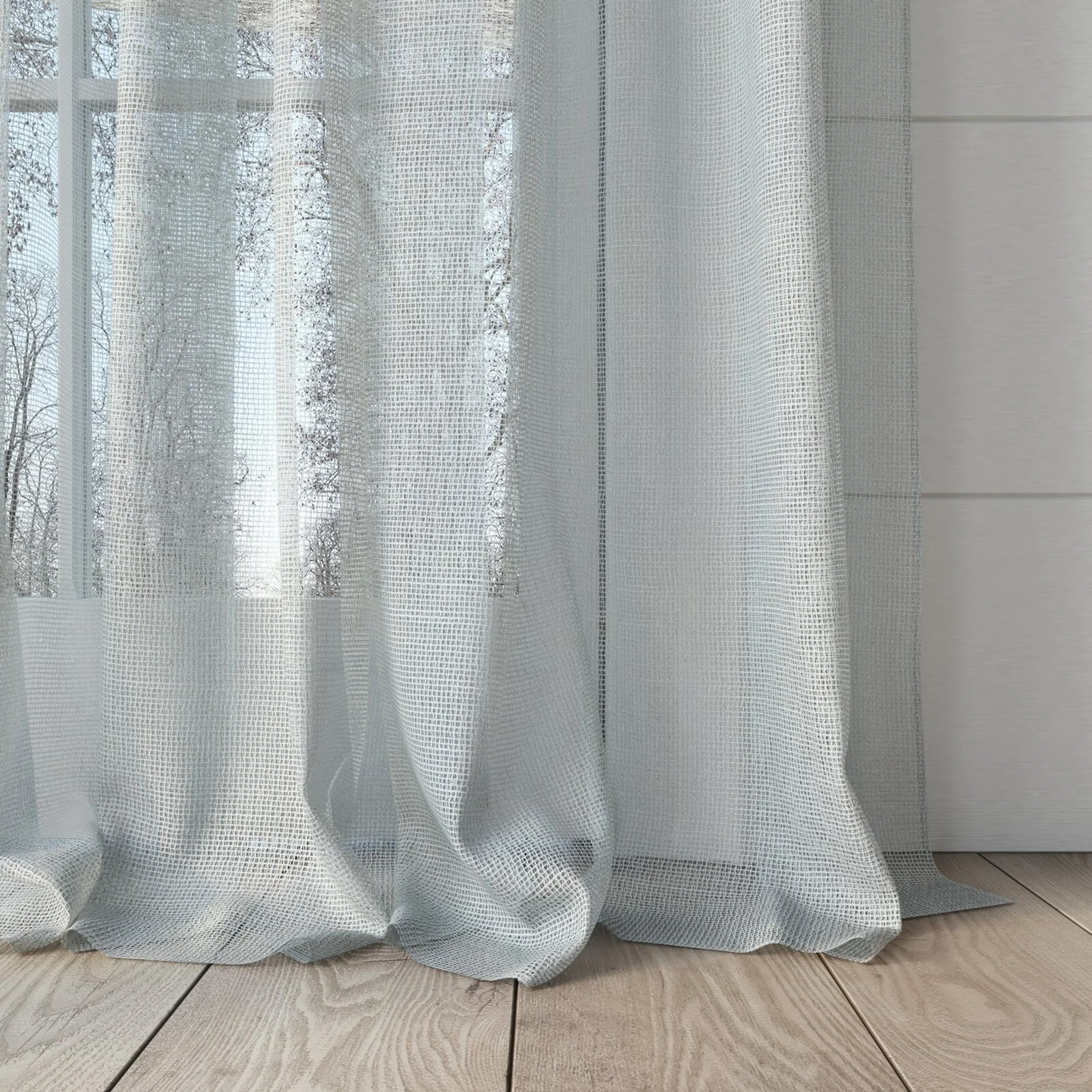 Bottom view of Radiant Snow, puddled, on curtain rod