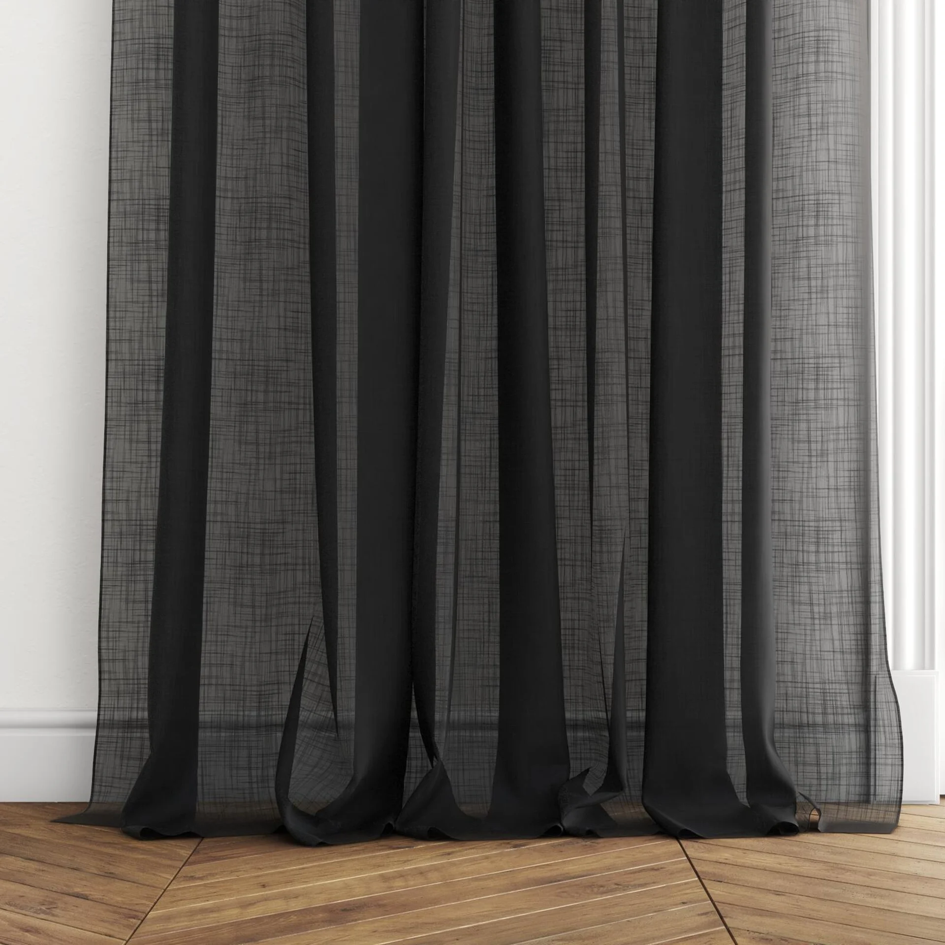 Bottom view of Kumo Recycled Midnight, puddled with pinch pleat, on curtain rod