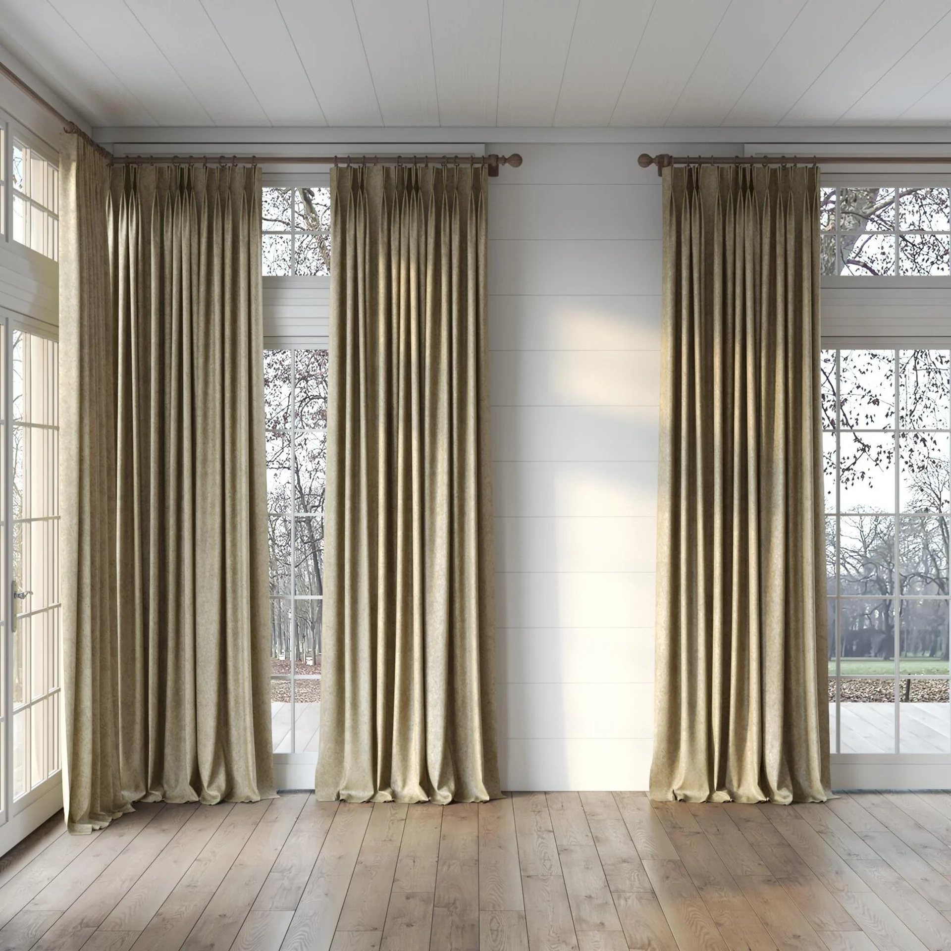 Full view of Opera Oyster, puddled, on curtain rod